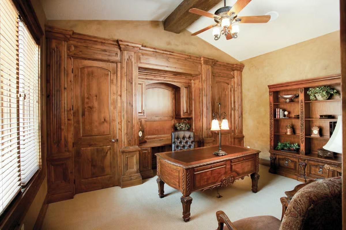 Knotty Alder Built-Ins and a Leather Chair That Know Exactly What Room They're In