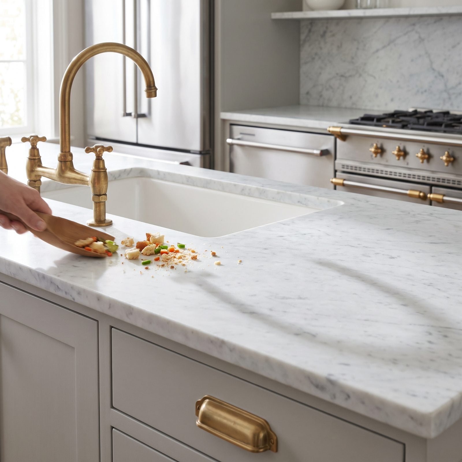 An Undermount Sink That Lets You Sweep Crumbs Directly Into It