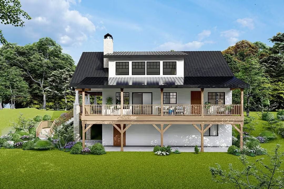 Black Metal Roof, Wraparound Deck, and a Chimney That Means Business