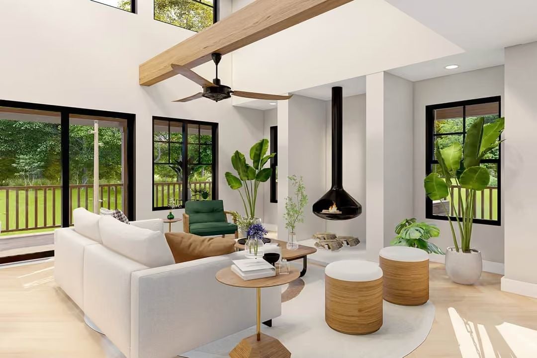 Hanging Fireplace, Exposed Beam, Green Chair That Earns Its Spot