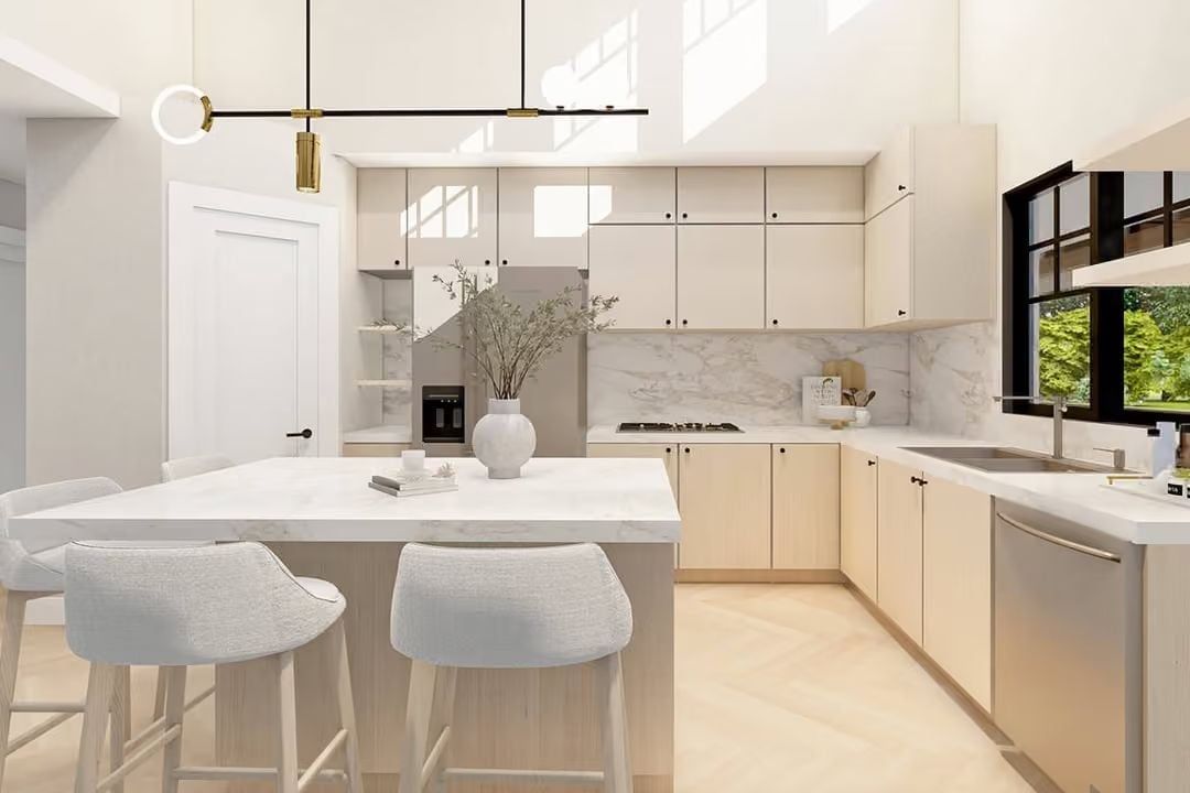 Marble Backsplash, Brass Pendant, and Stools That Actually Fit the Island