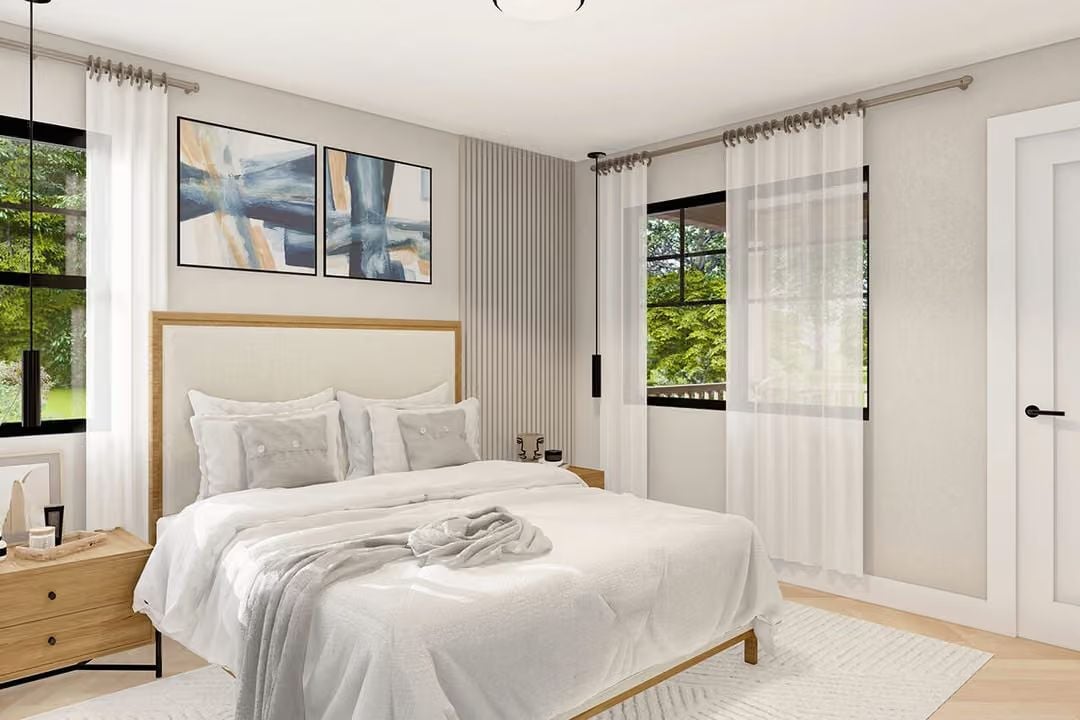 Sheer Curtains, Layered Whites, and a Headboard That Keeps Things Grounded