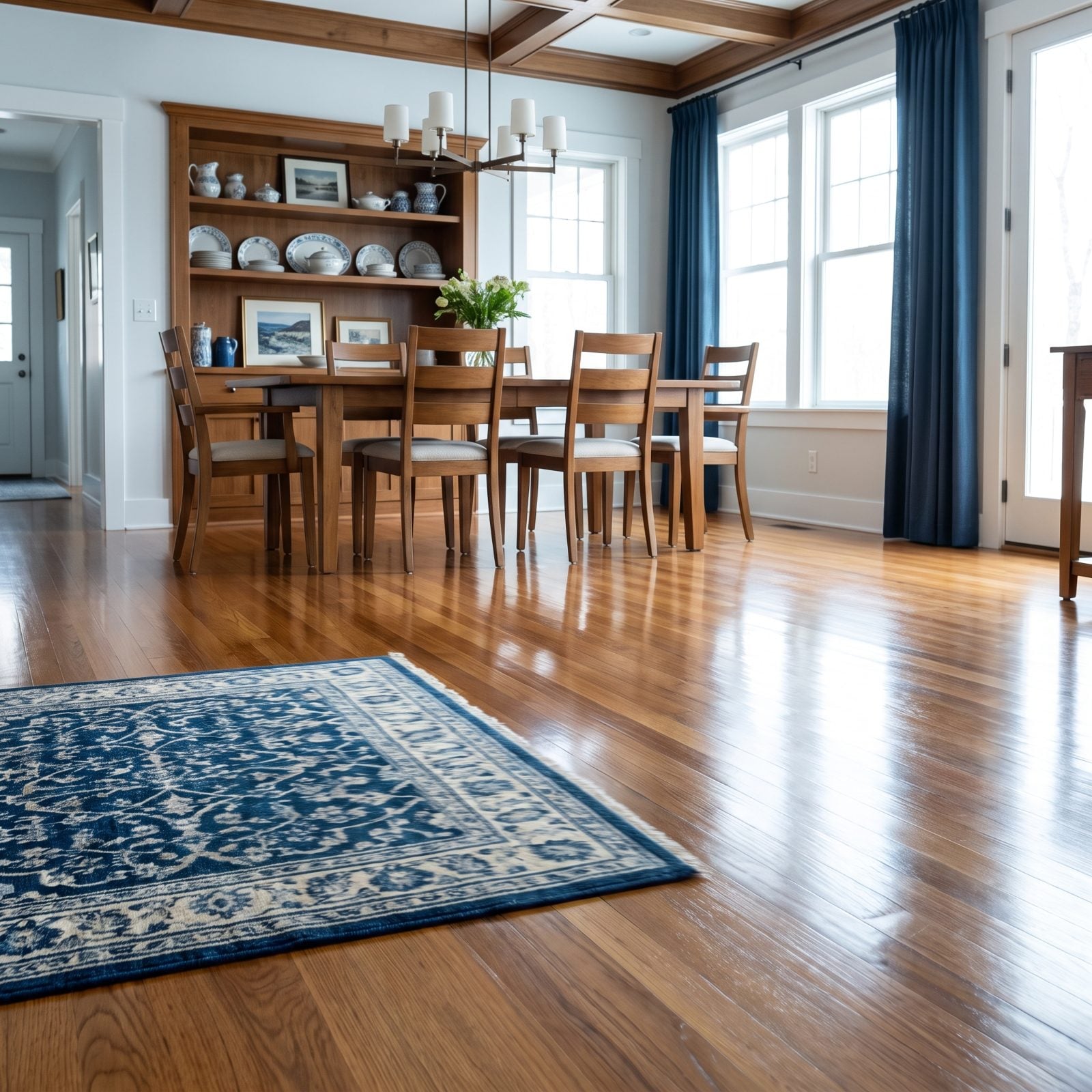 Modern dining room where a flatweave rug has slid several inches off center across polished hardwood, exposing bare floor on