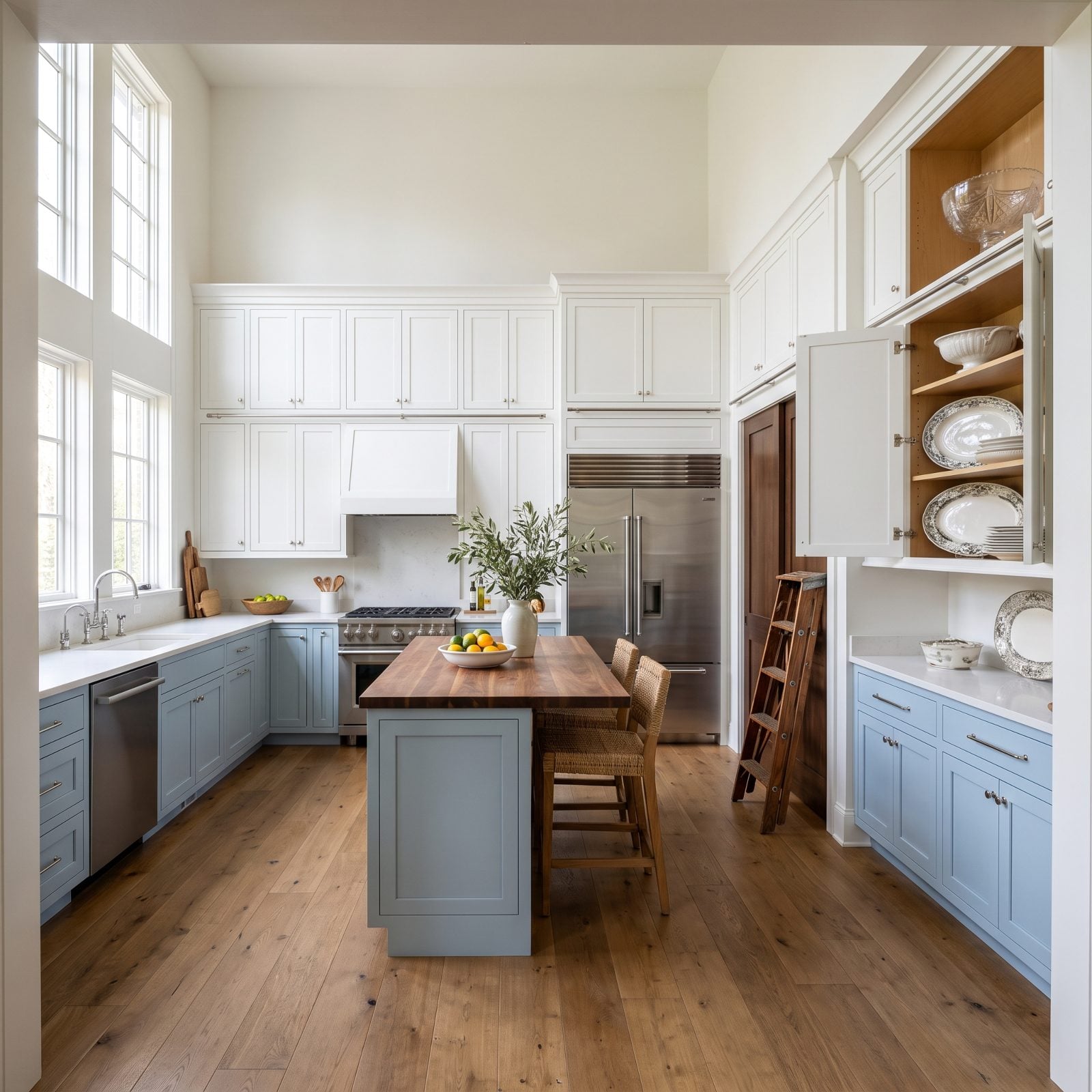 White shaker upper cabinets running to a ten-foot ceiling, top shelf holding platters reachable only by a folded step stool