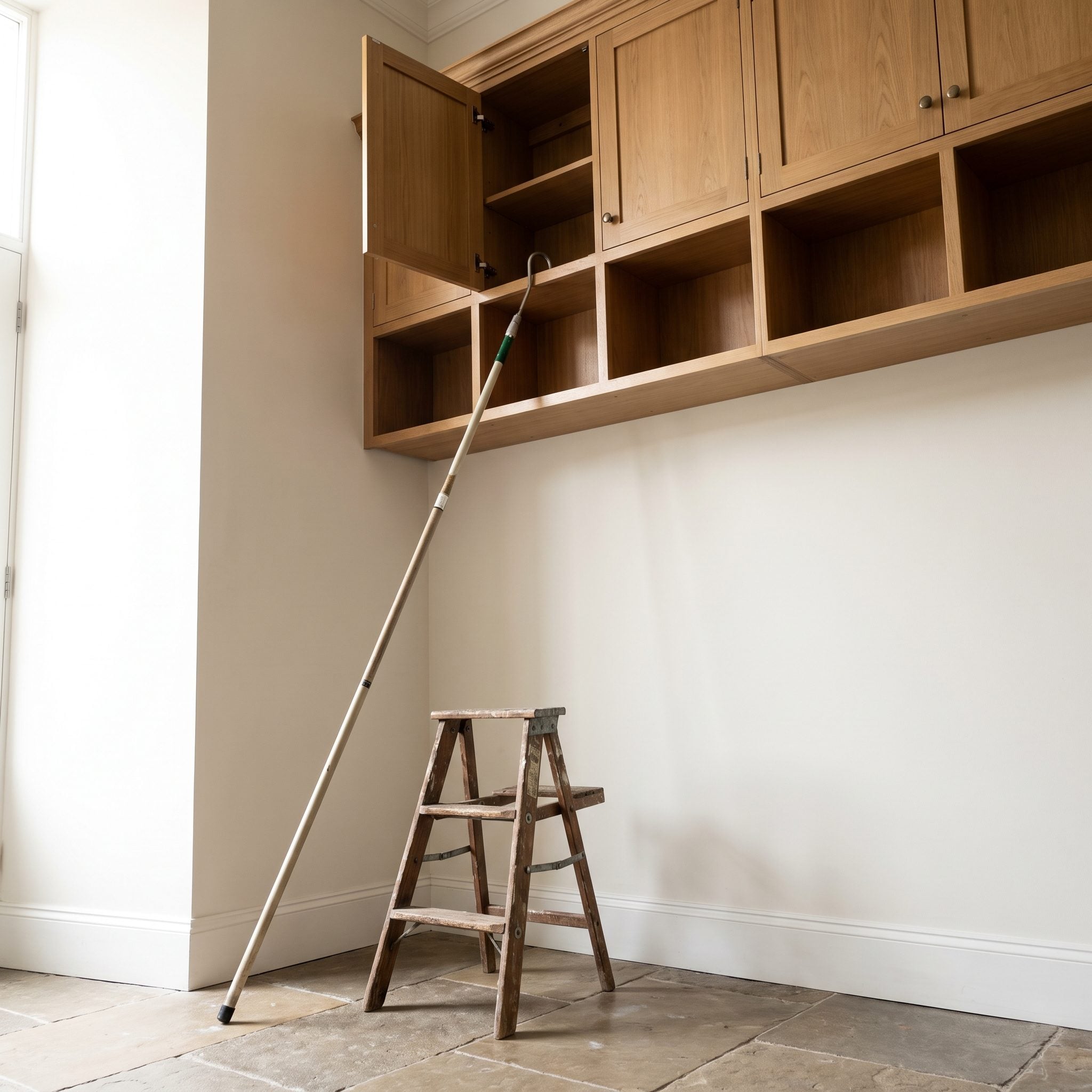 Tall mudroom cabinetry with everyday caps and bags stored in cubbies near the ceiling while similar items collect on the