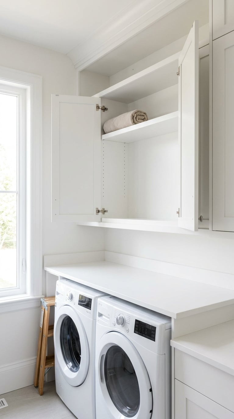 Sage green laundry room with deep upper cabinets overhanging the washer and dryer, hard to reach over the machines.