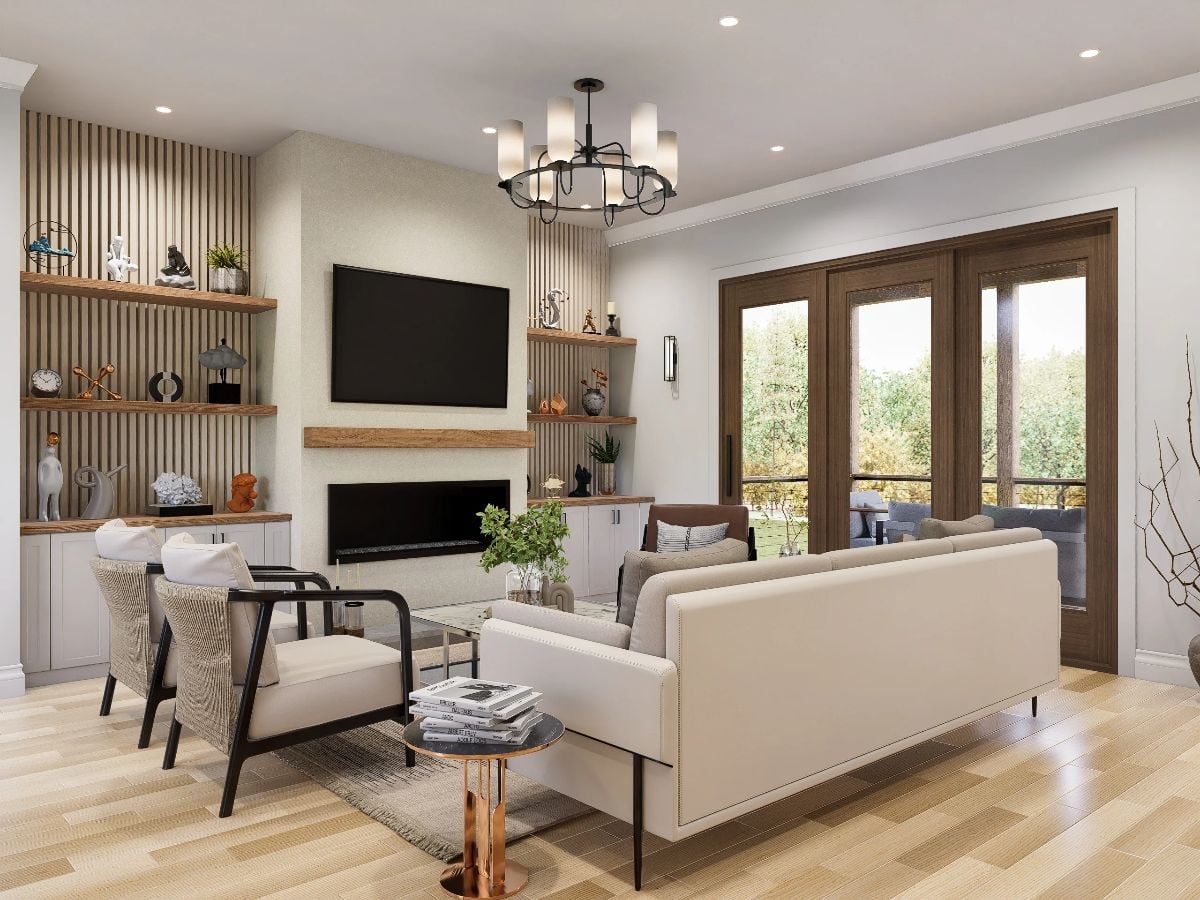 Slatted Wood Walls and a Linear Fireplace Do the Heavy Lifting Here