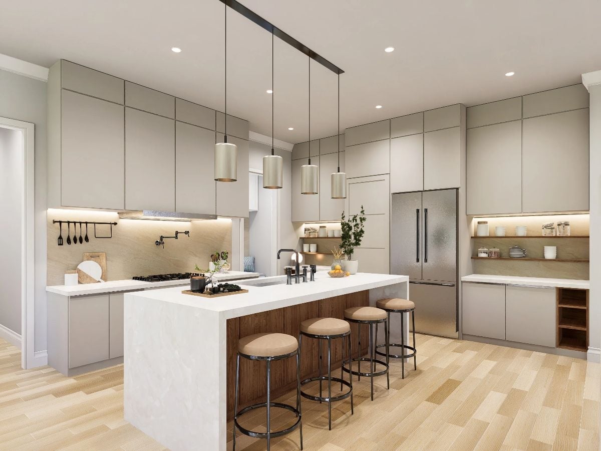 Warm Wood Island Base, Quartz Countertops, and Pendants That Actually Fit the Space