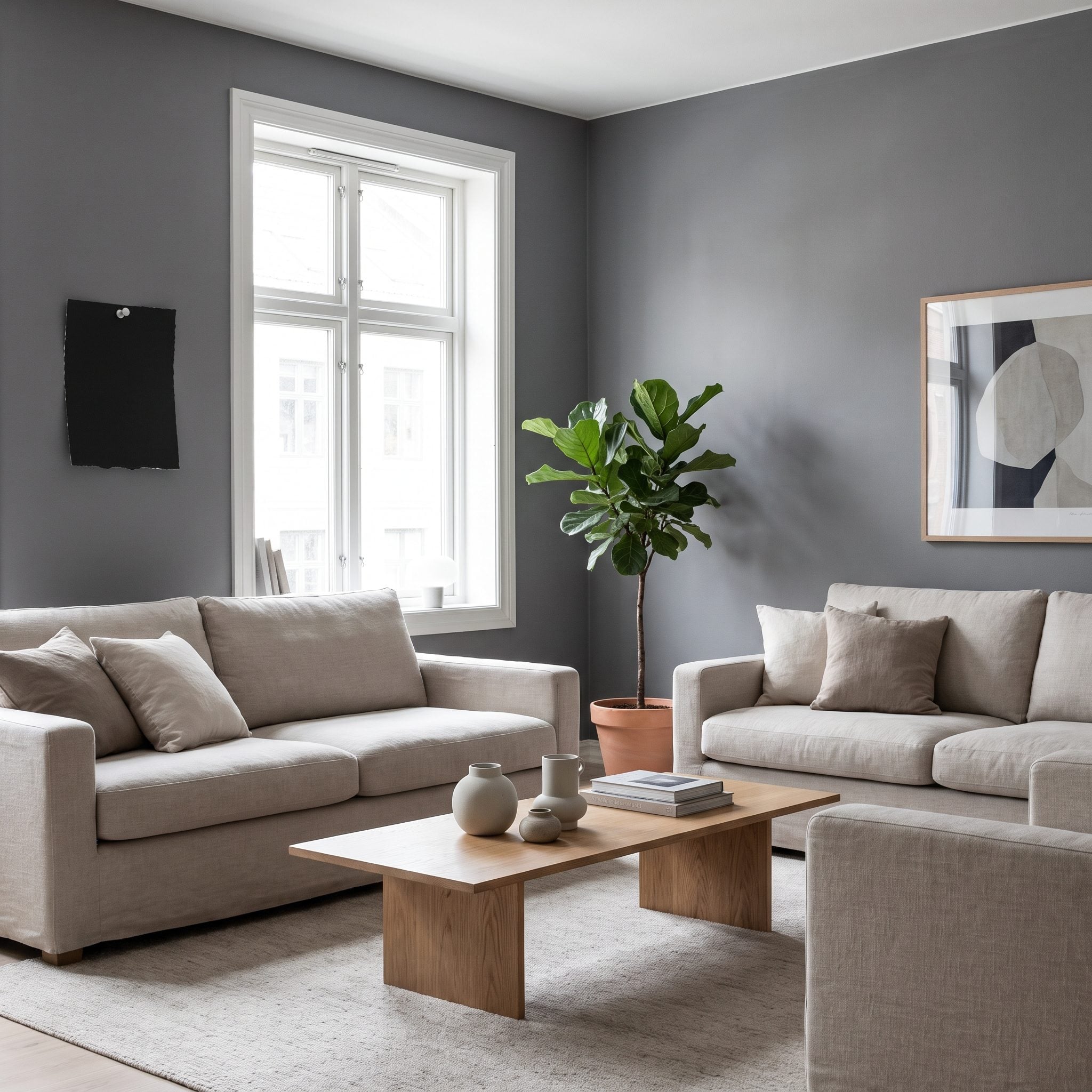 Charcoal-blue living room wall behind a cream sofa in changing daylight