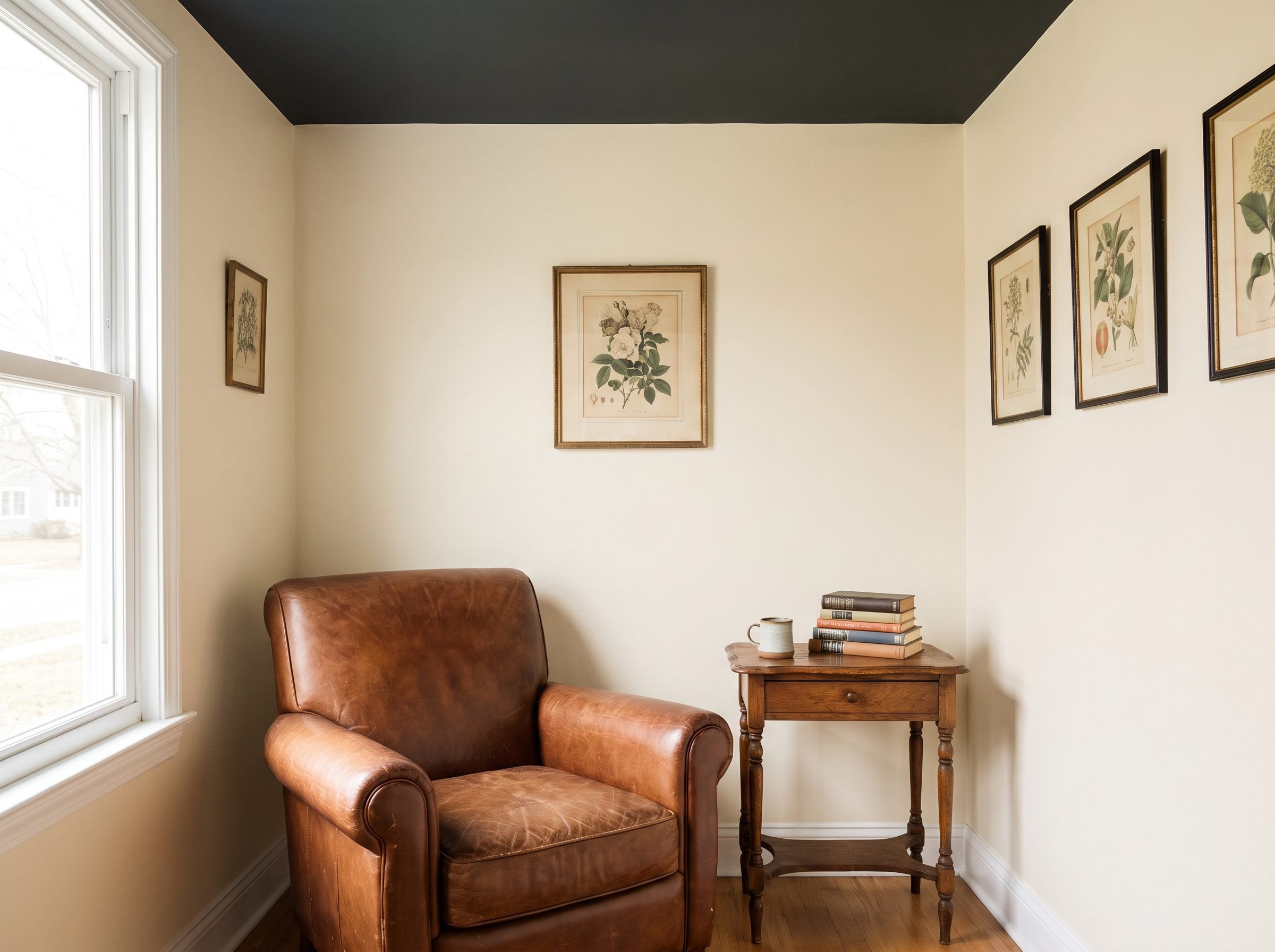 Living room with a charcoal ceiling above lighter walls and crown molding