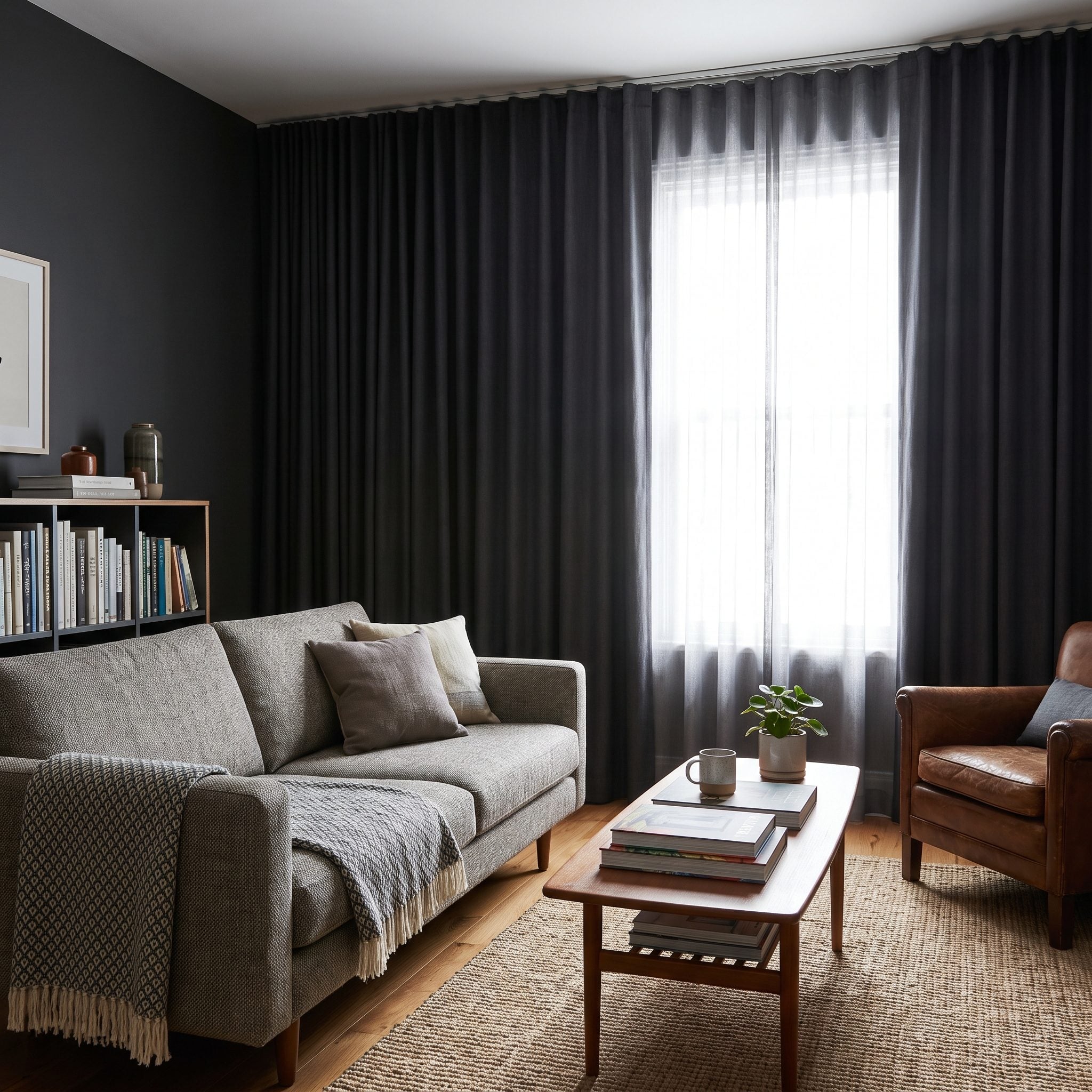 Teal living room with floor-length curtains matching the surrounding wall color