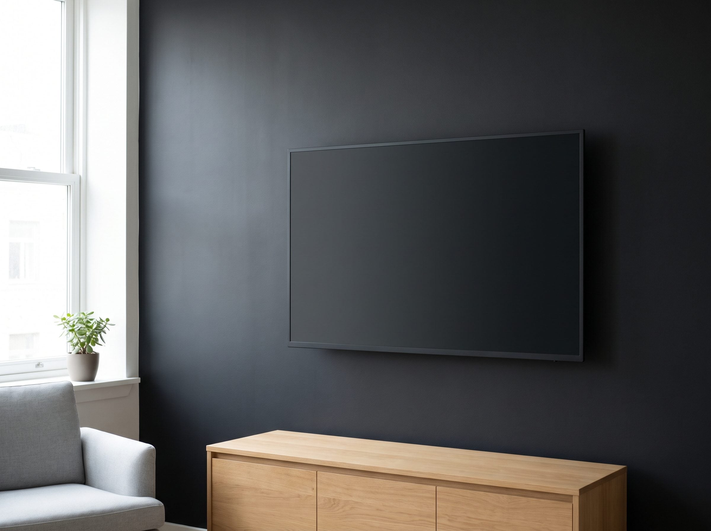 Living room with a black television mounted against a charcoal accent wall