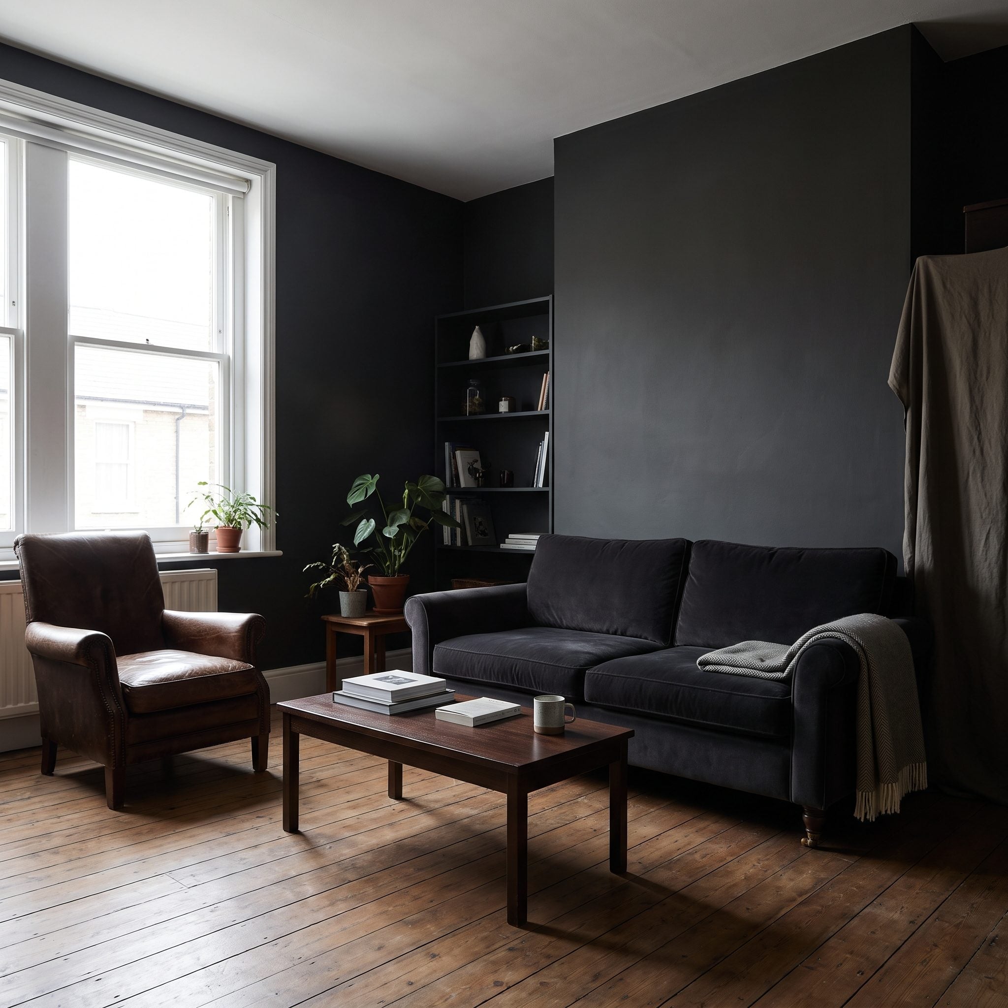 Small charcoal living room where matching walls, ceiling, and trim visually quiet multiple corners