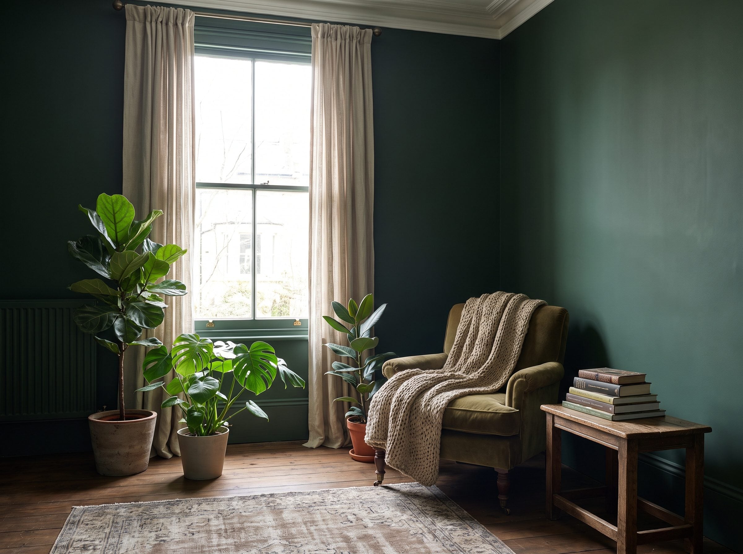 Small living room color-drenched in forest green across walls, ceiling, trim, and door