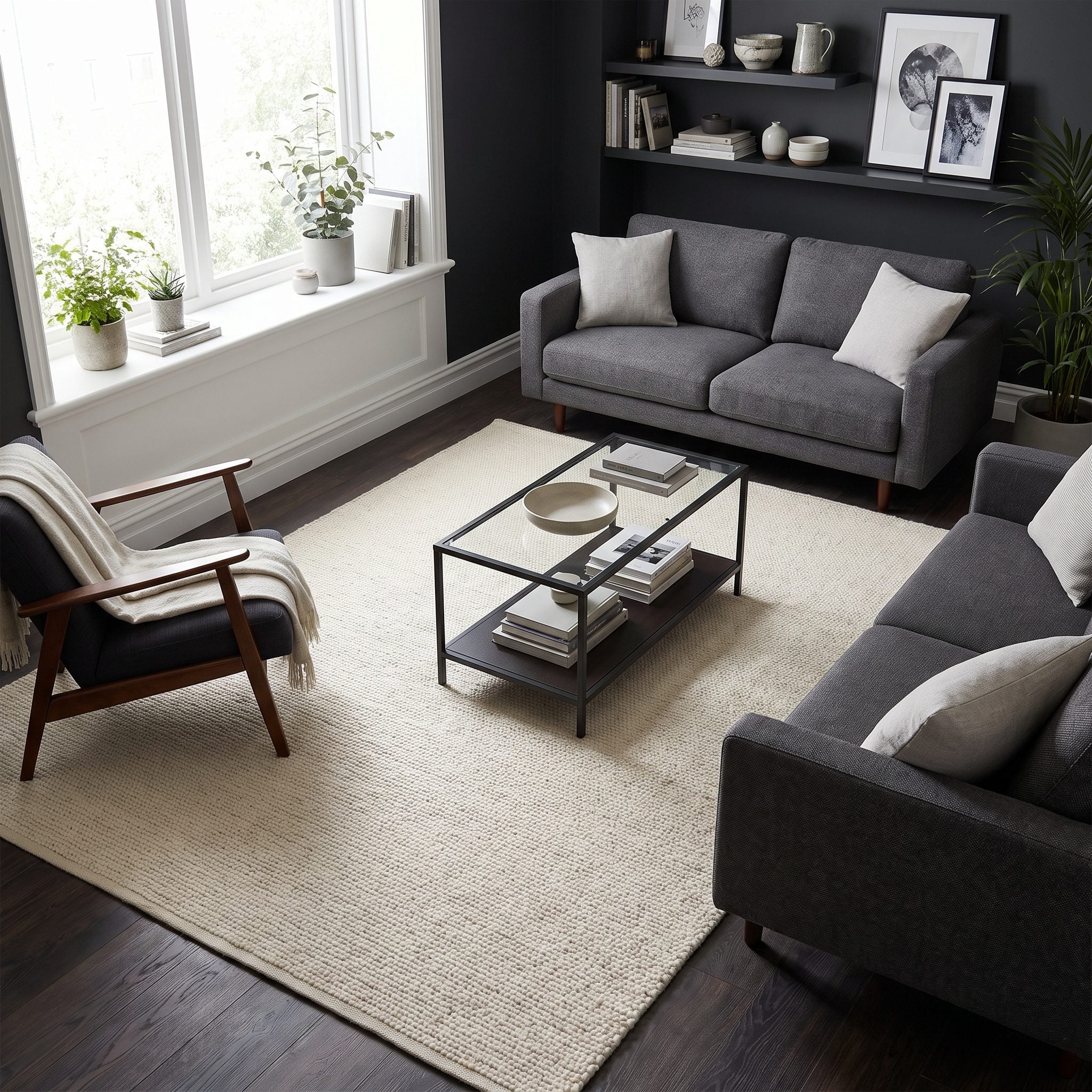 Charcoal living room grounded by a rust and navy Persian-style rug