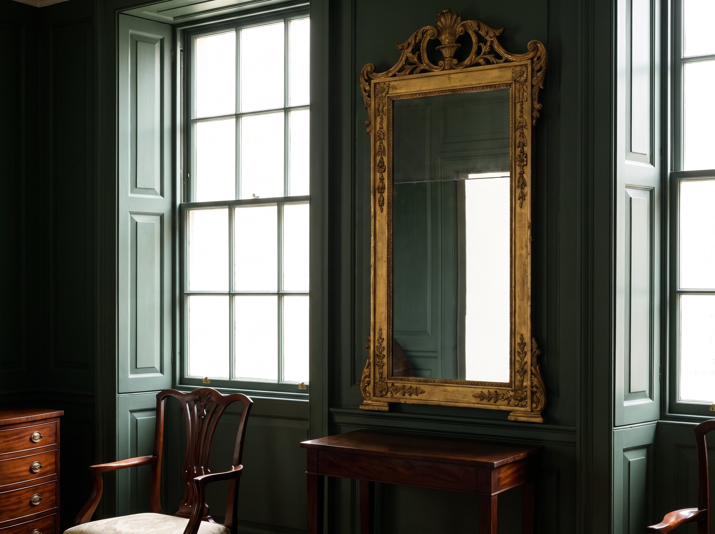 Charcoal living room with a brass-framed mirror positioned to reflect a window