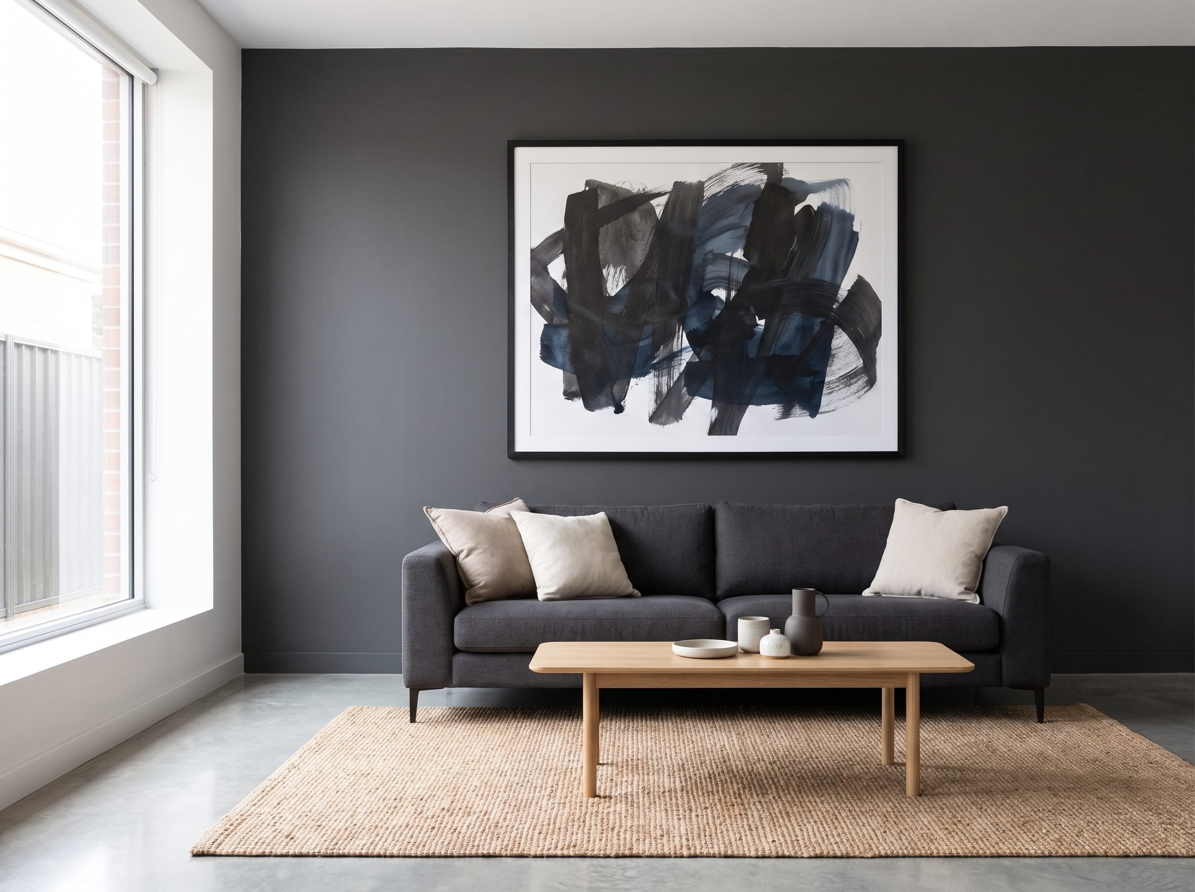 Charcoal-green living room with one oversized canvas centered above a gray sofa