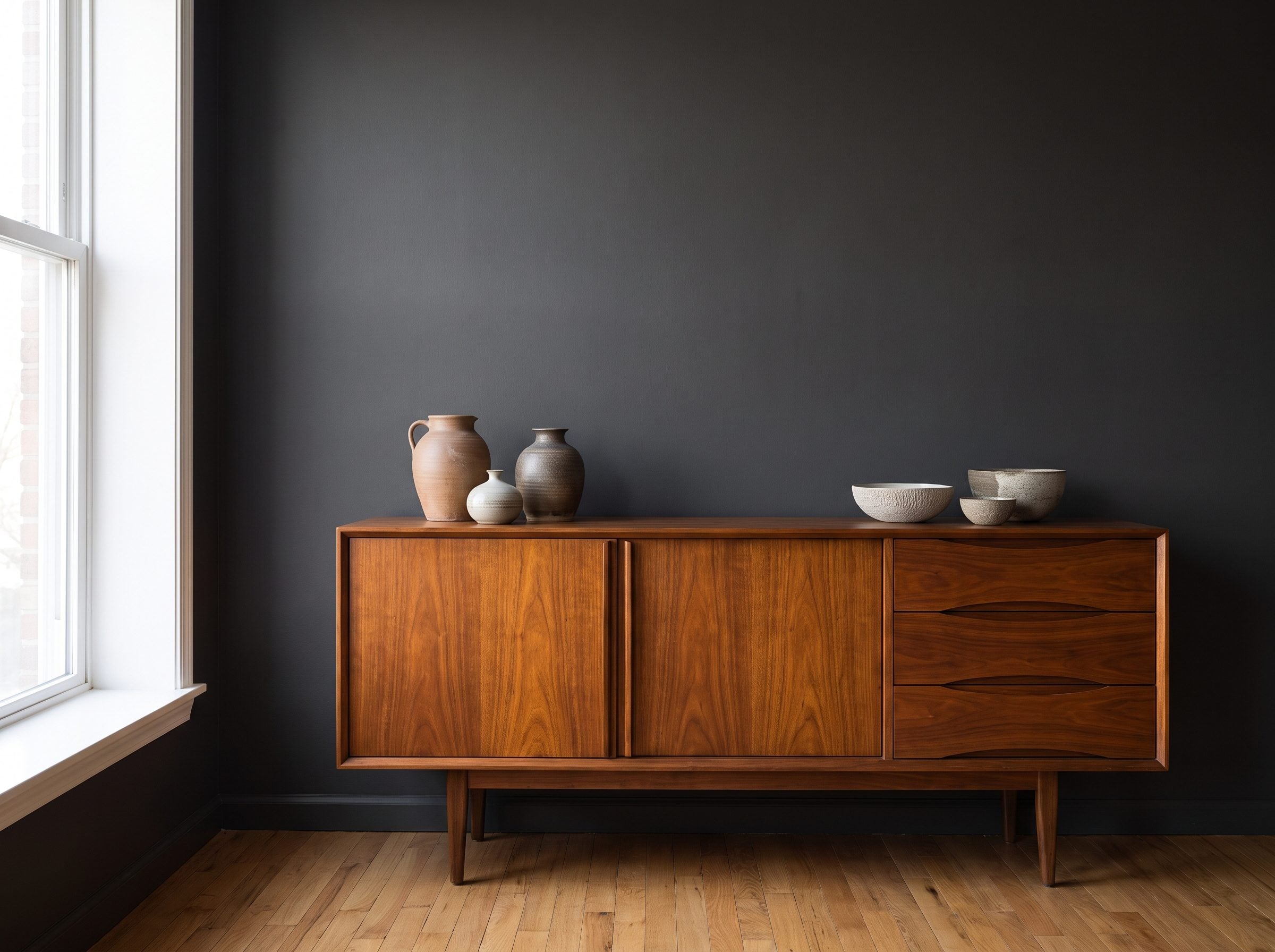 Deep olive living room with a walnut sideboard and oak coffee table