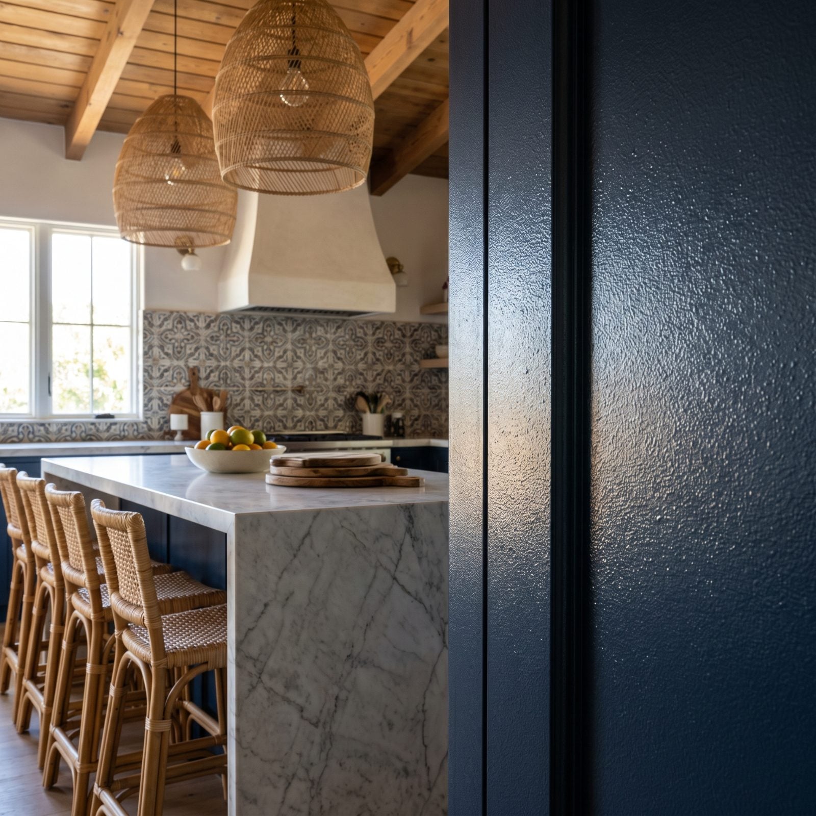 Cabinet door in raking light showing heavy orange-peel stipple texture from a thick-nap roller.