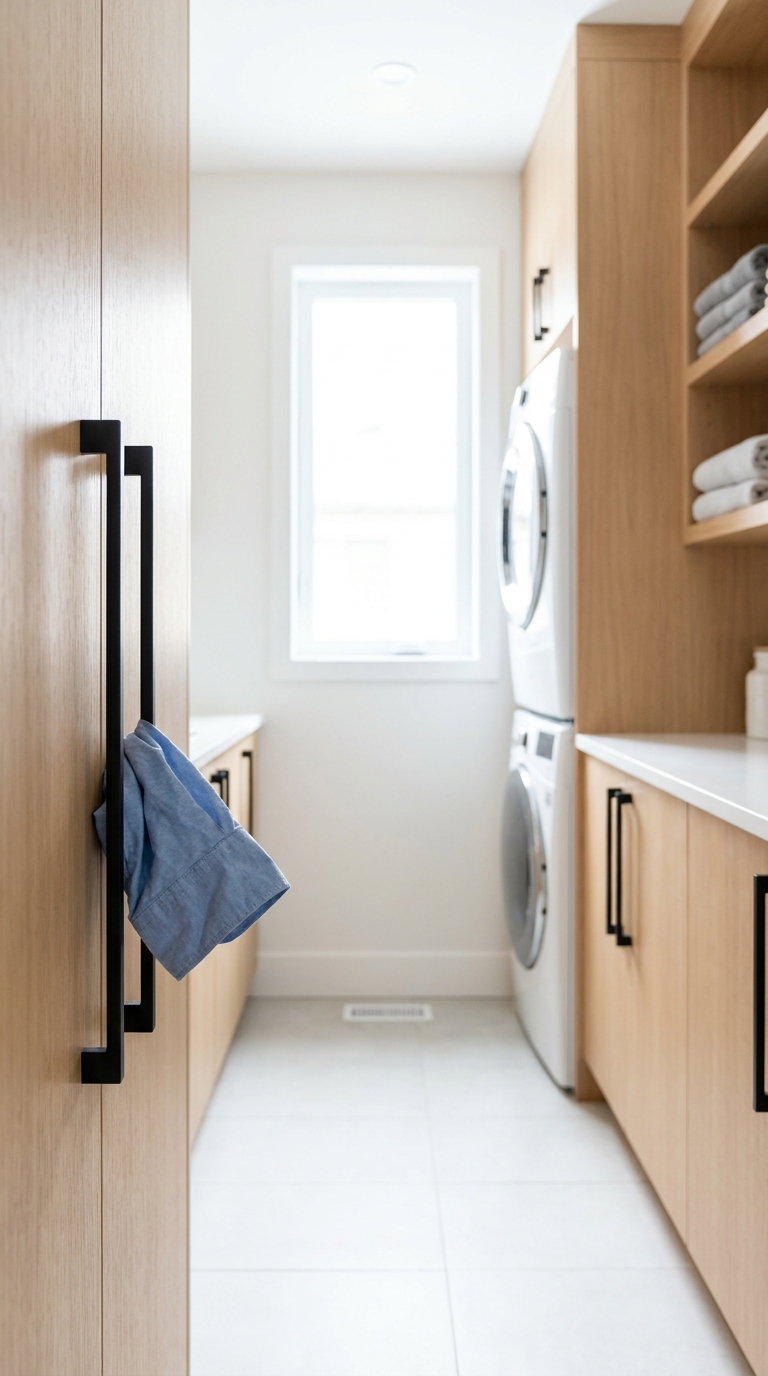 Narrow navy galley laundry room with long black bar pulls projecting into a 30-inch walkway near a hanging robe.