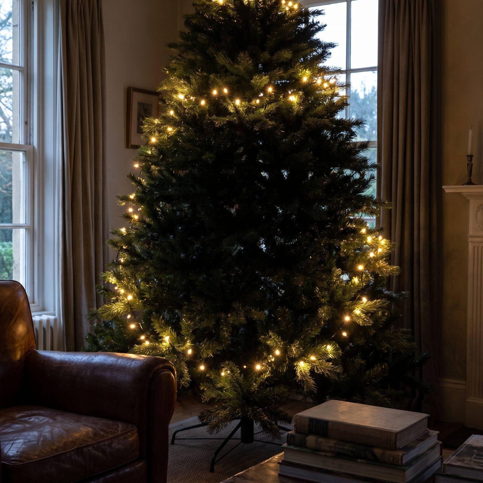Seven-foot artificial tree with a single sparse strand of lights leaving dark gaps between bulbs.