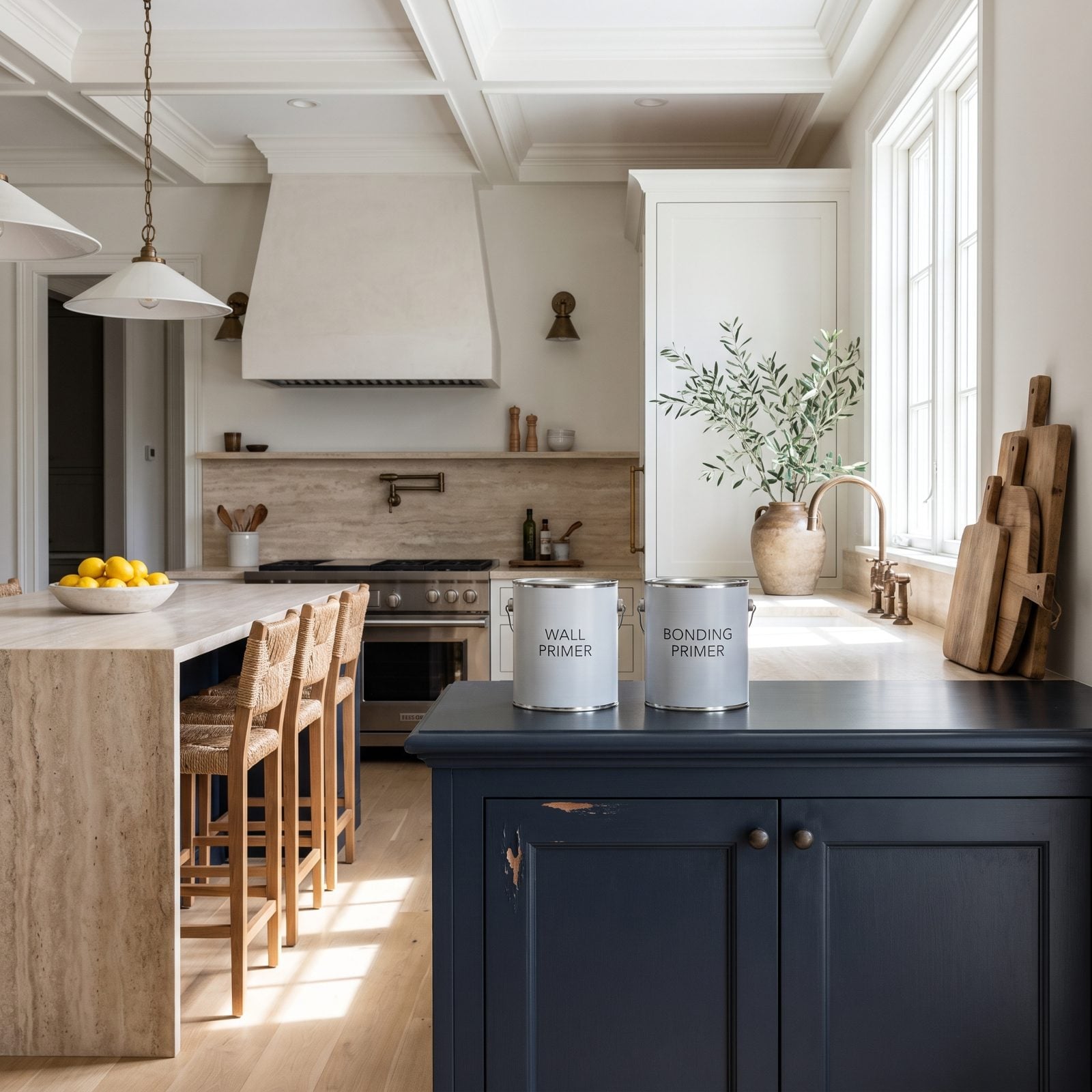 Cabinet door with paint peeling in a sheet from slick wood, a wall primer can and a bonding primer can nearby.