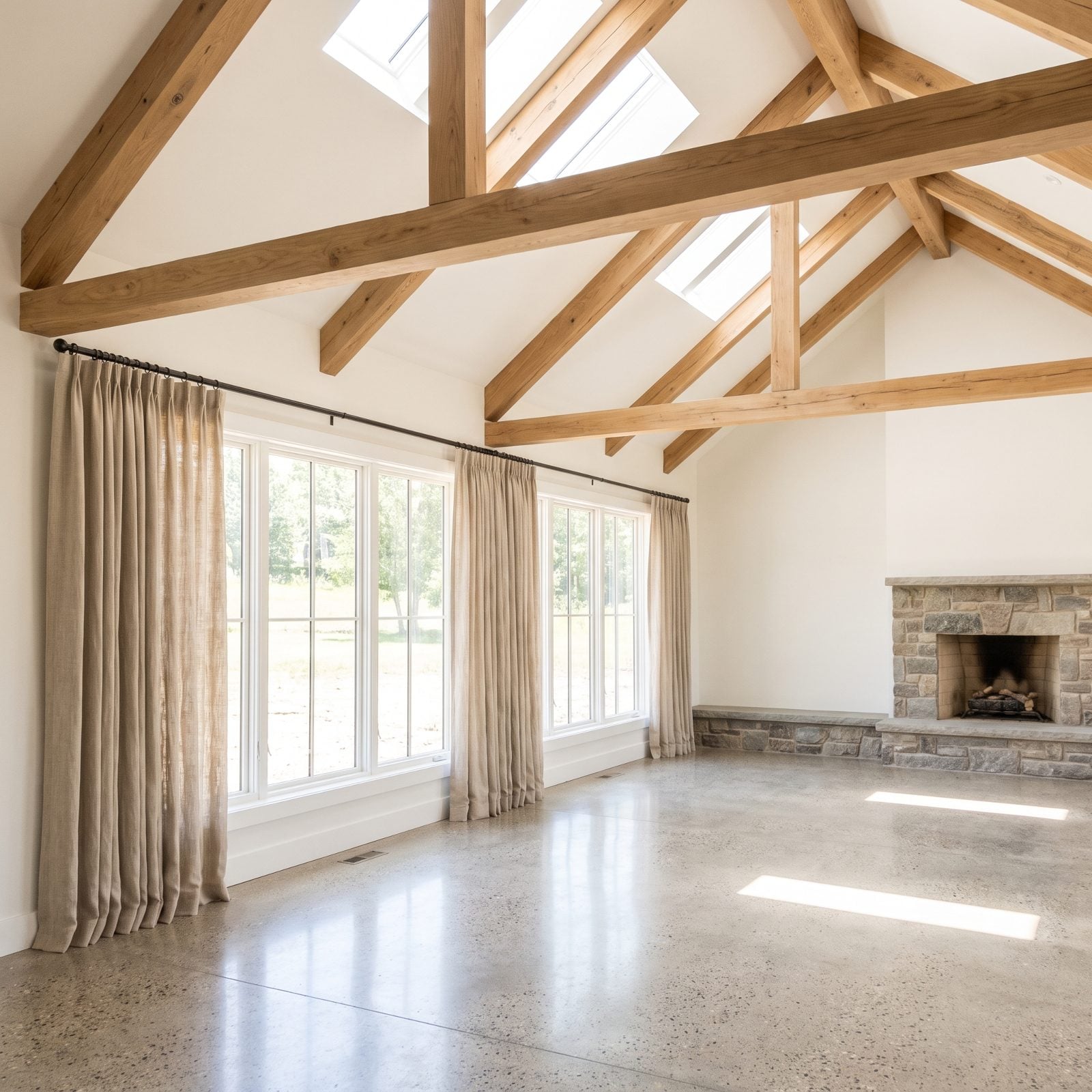 Vaulted Great Room With Drapery Aligned to the Lower Roofline
