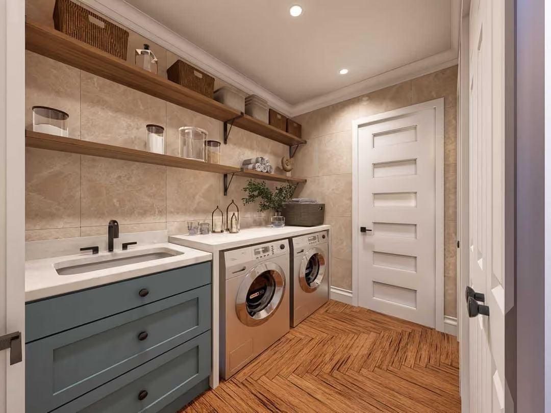 Blue Cabinetry, Open Shelving, and Side-by-Side Machines That Pull Their Weight