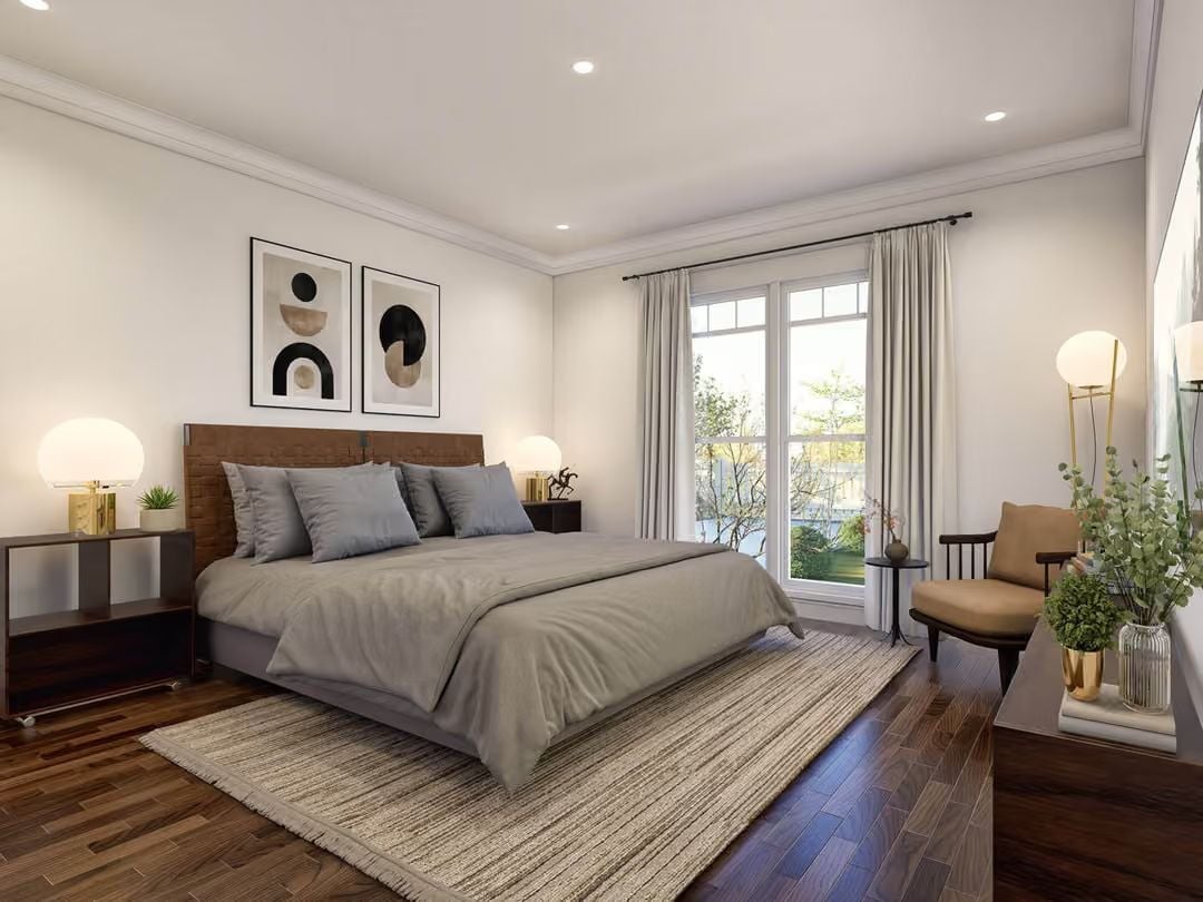 Gray Linen, Walnut Headboard, and Natural Light Doing Most of the Work