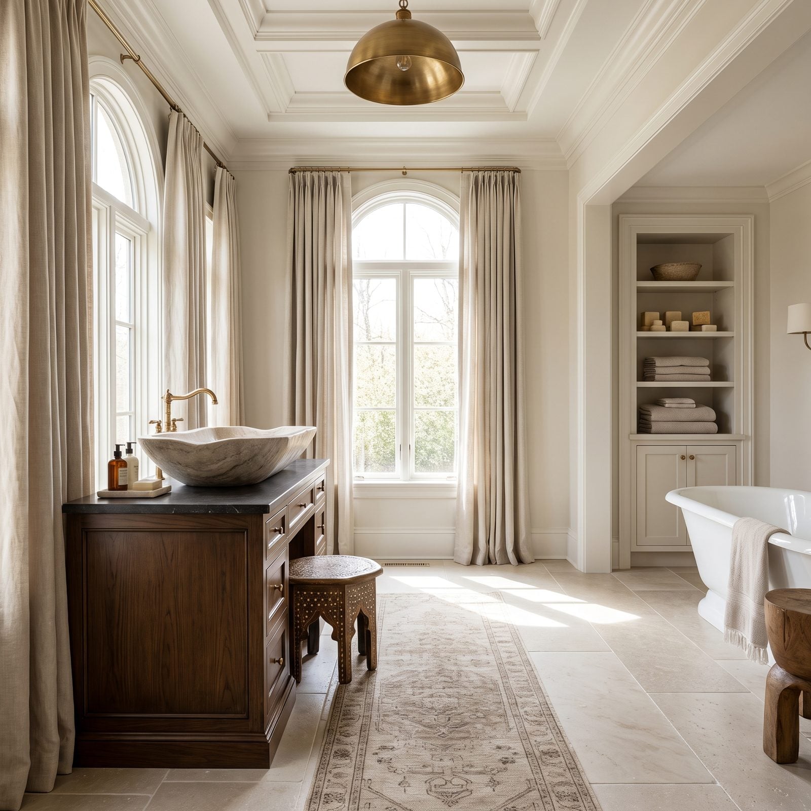 Double vanity bathroom with two round vessel sinks raising the wash height to about 42 inches.