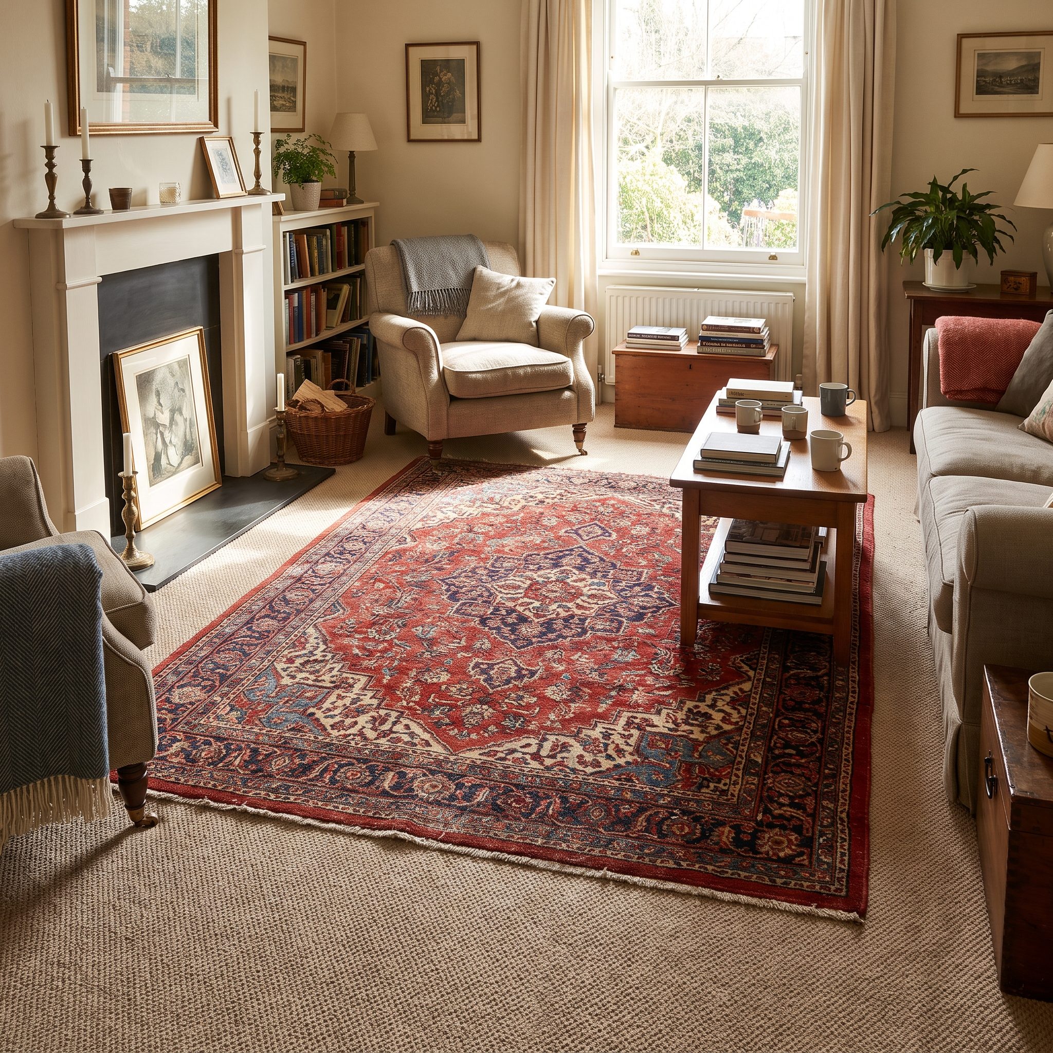 Living room with a six-by-nine vintage Persian rug lying flat over greige wall-to-wall carpet, its front edge under the sofa