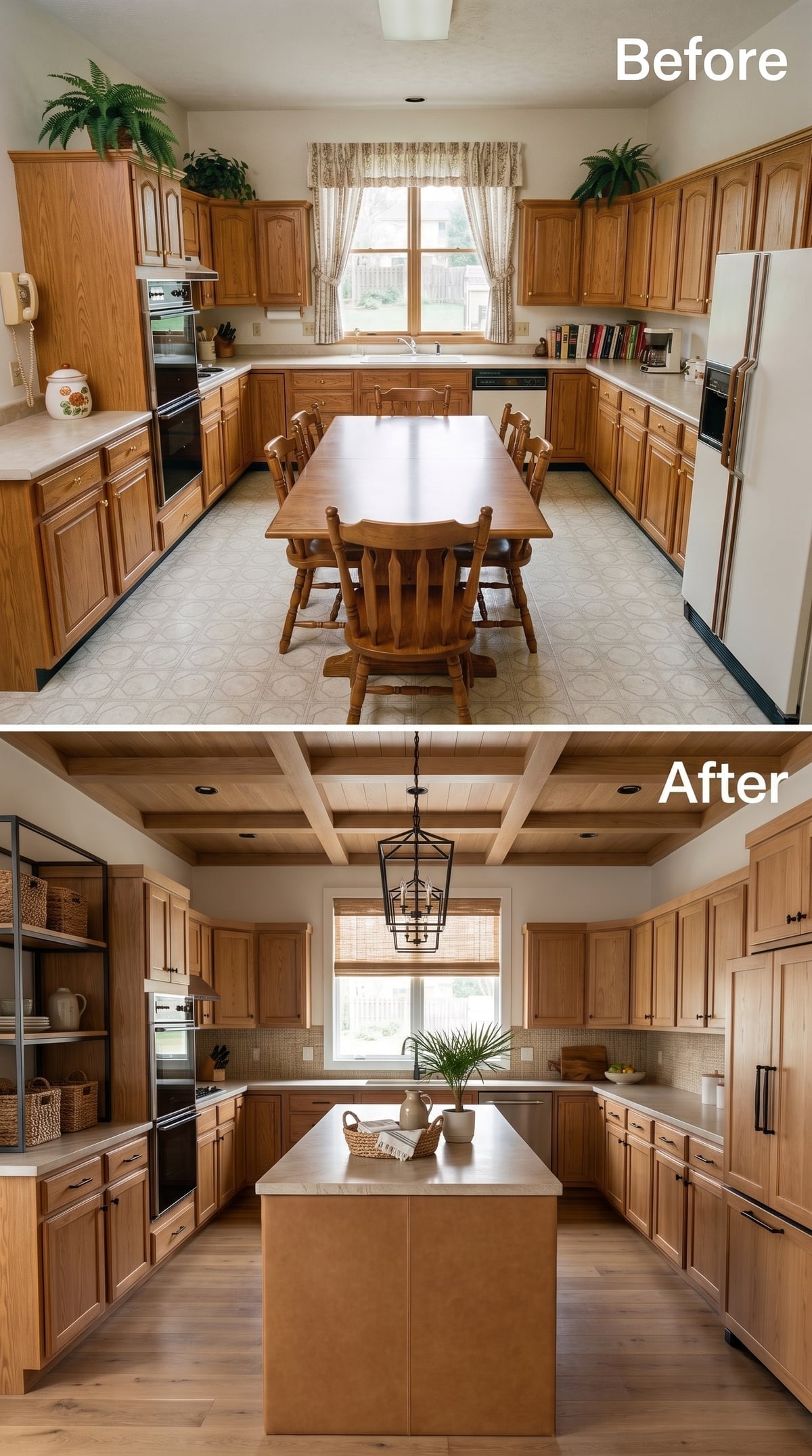 Beam Ceiling, Kitchen Island, and a Lantern Pendant That Finally Fits the Scale