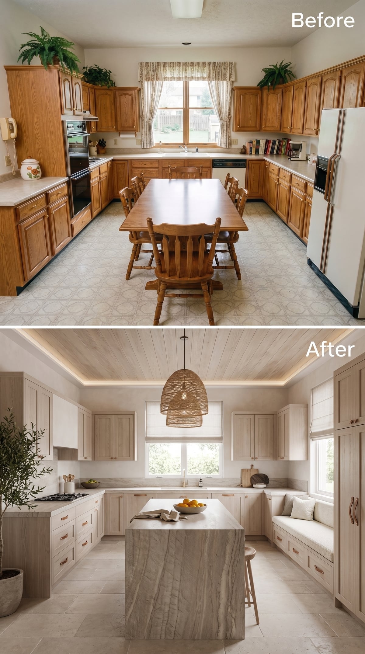 Bleached Oak Cabinetry, a Marble Waterfall Island, and Cove Lighting That Changes Everything