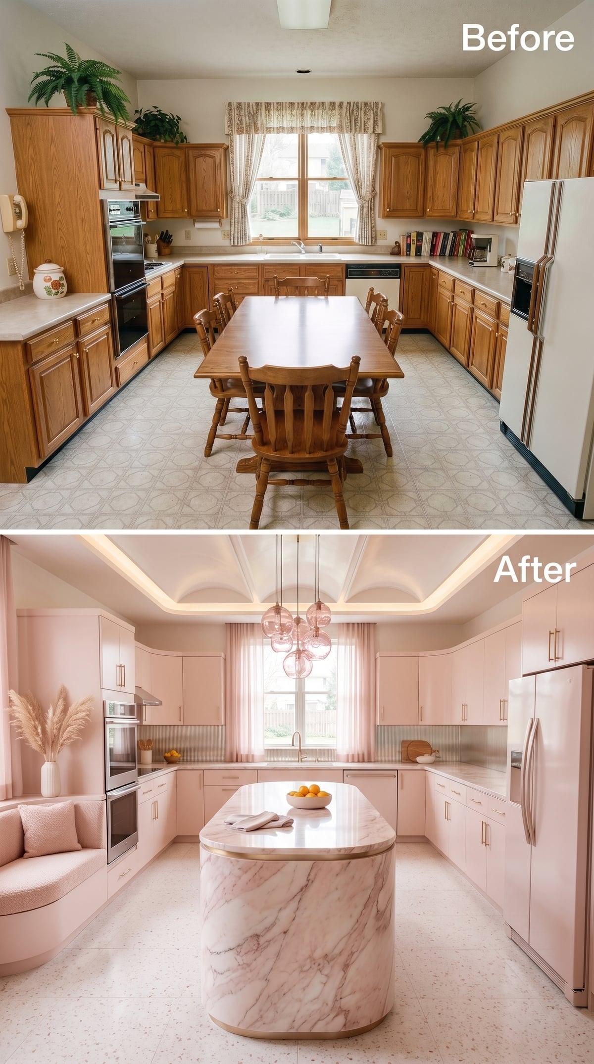Blush Cabinets, Rose Marble Island, and a Tray Ceiling That Pulls It All Together