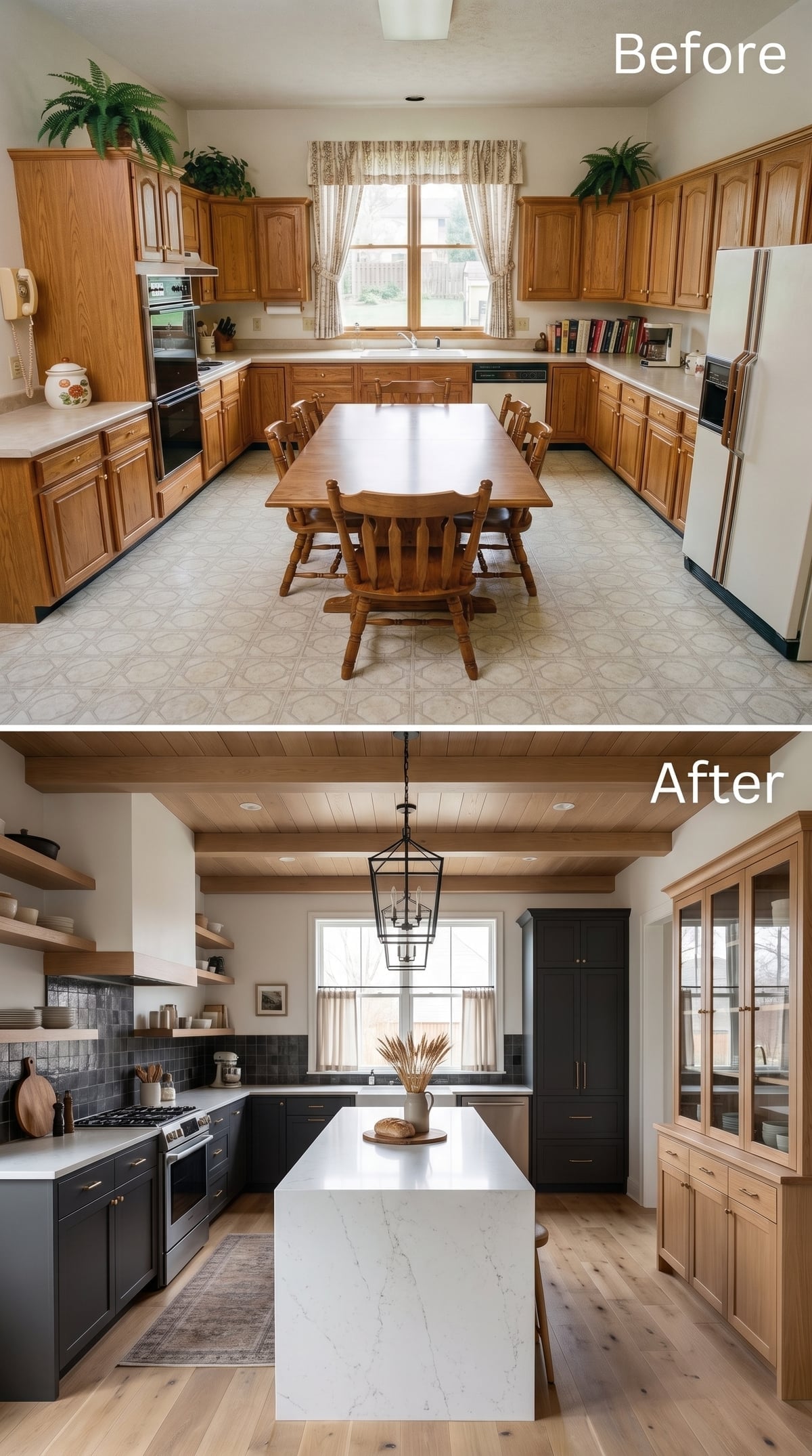 Charcoal Cabinets, Plank Ceiling, and a Quartz Island That Earns the Center