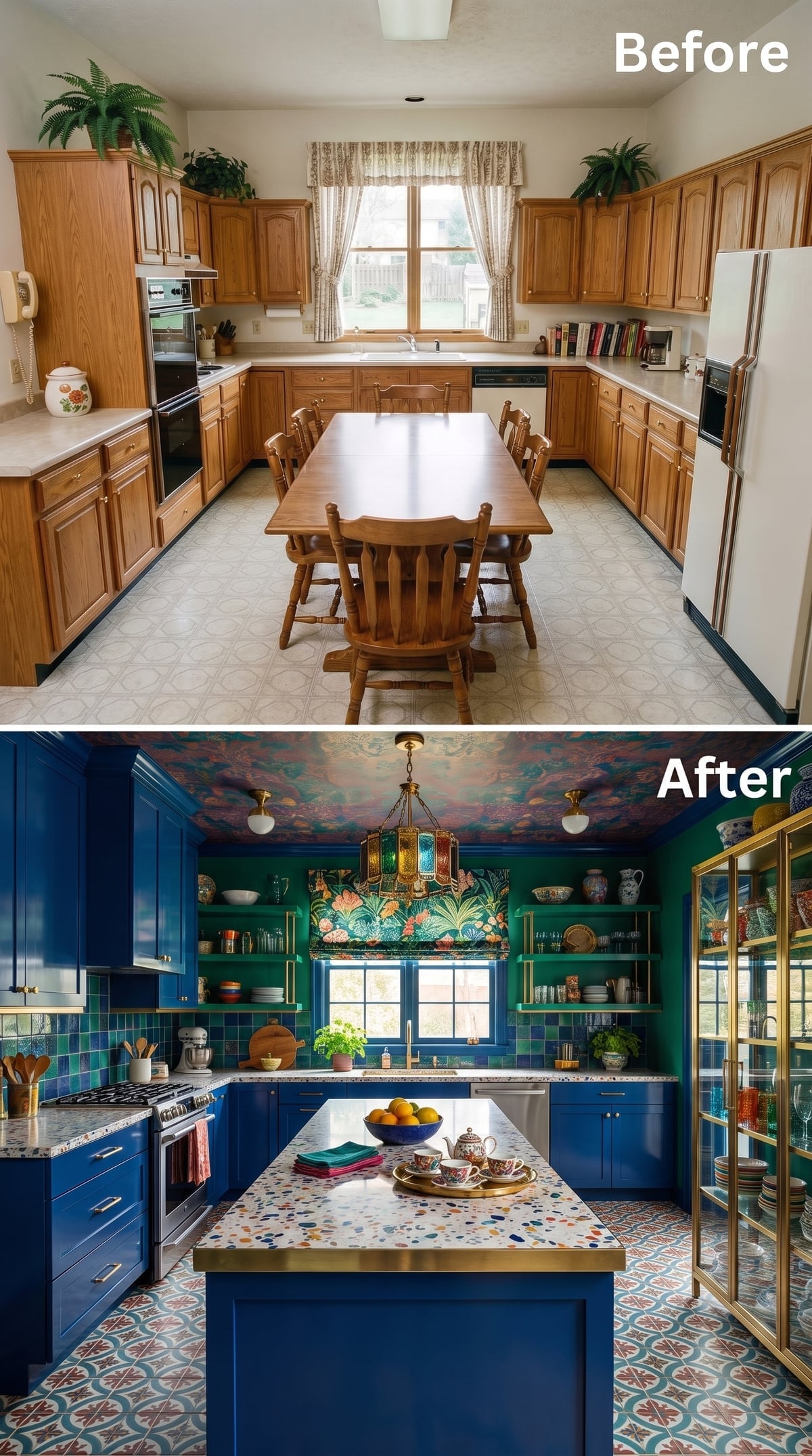 Cobalt Cabinets, Terrazzo Island, and a Wallpapered Ceiling That Refuses to Be Ignored