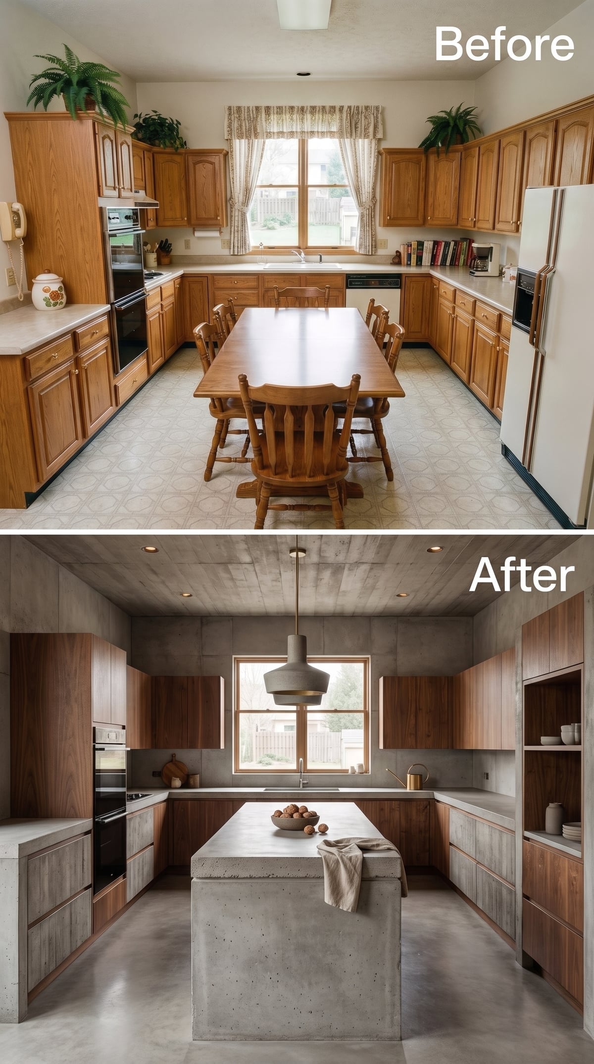 Concrete Ceiling, Dark Walnut Flat-Fronts, and an Island That Means Business