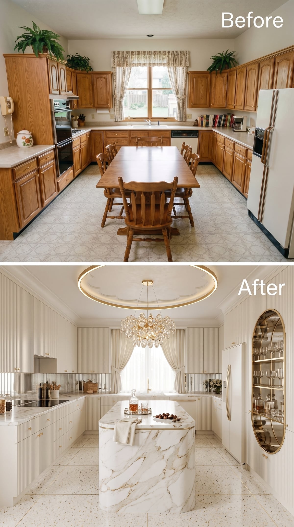 Cream Fluted Cabinets, Gold Veined Marble, and a Chandelier That Commands the Room