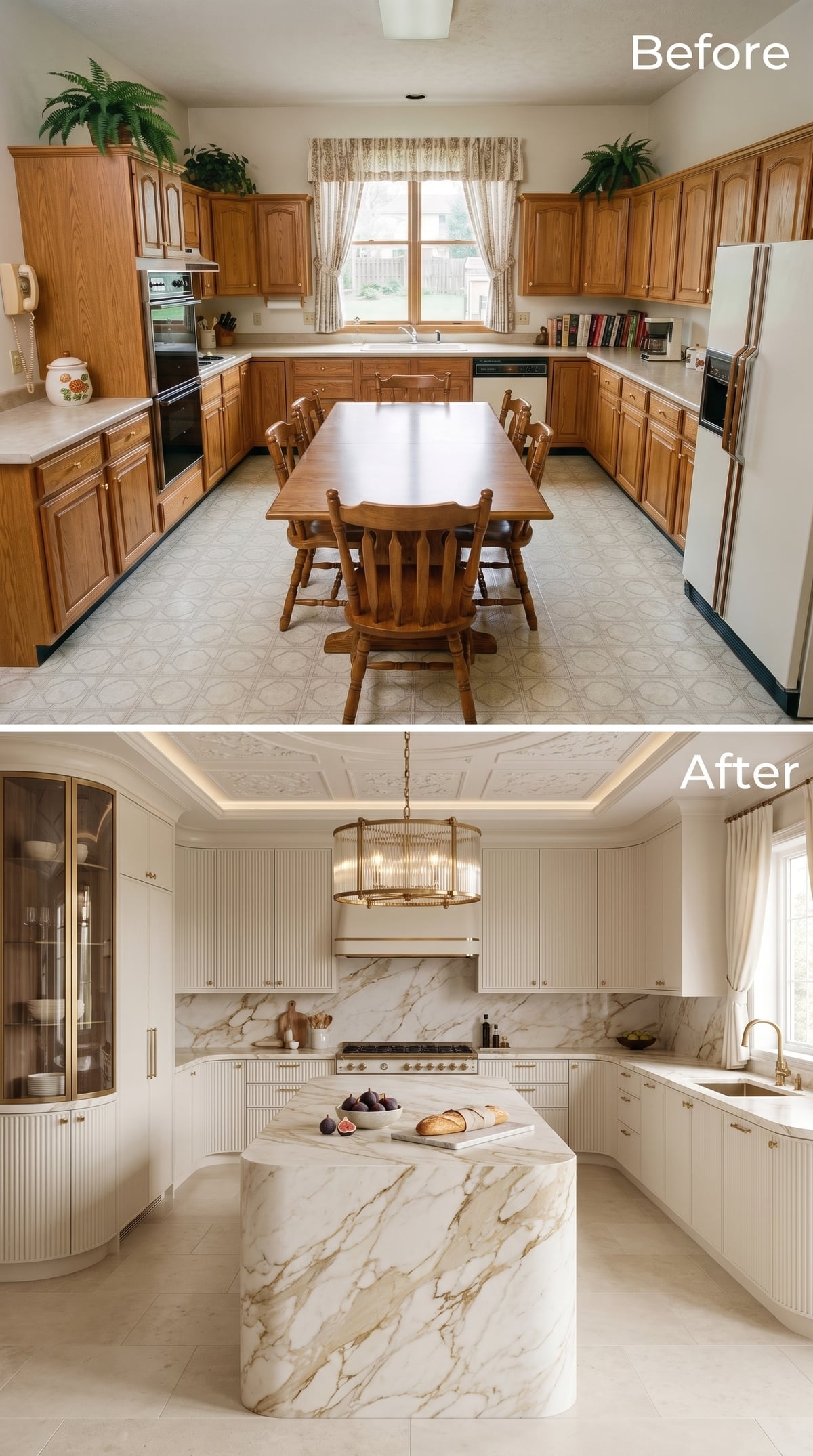 Cream Fluted Panels, Waterfall Marble Island, and Gold Hardware That Earns Every Inch
