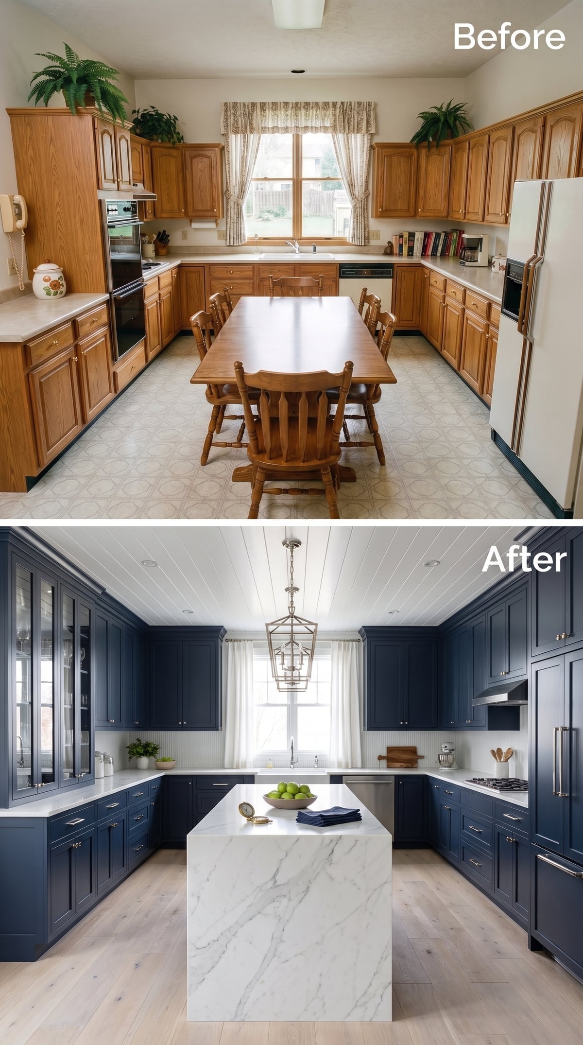 Dark Cabinets, Marble Waterfall Island, and a Lantern Pendant That Holds Its Own