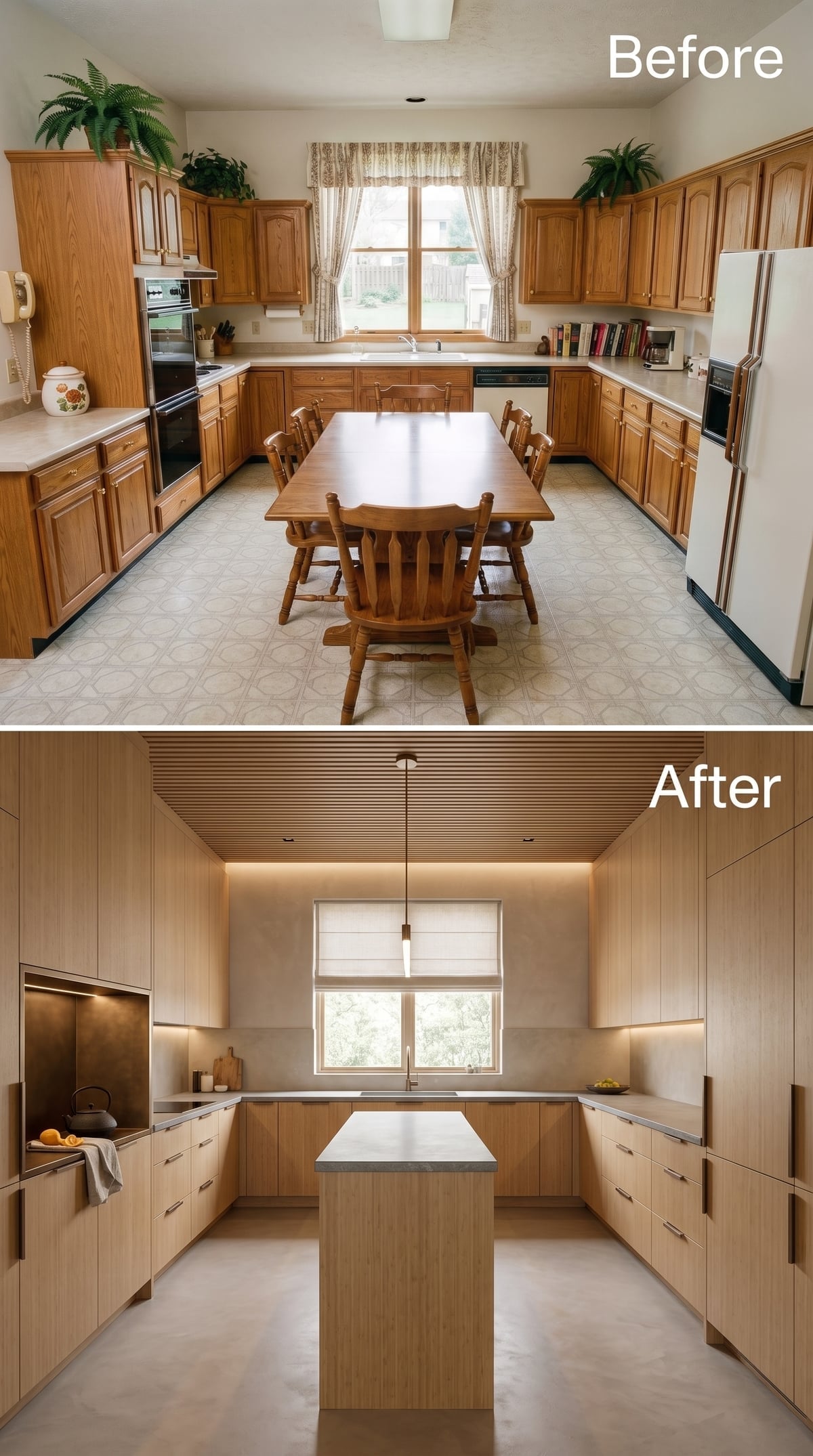 Flat-Front Oak Cabinets and a Slatted Ceiling That Actually Changes Everything
