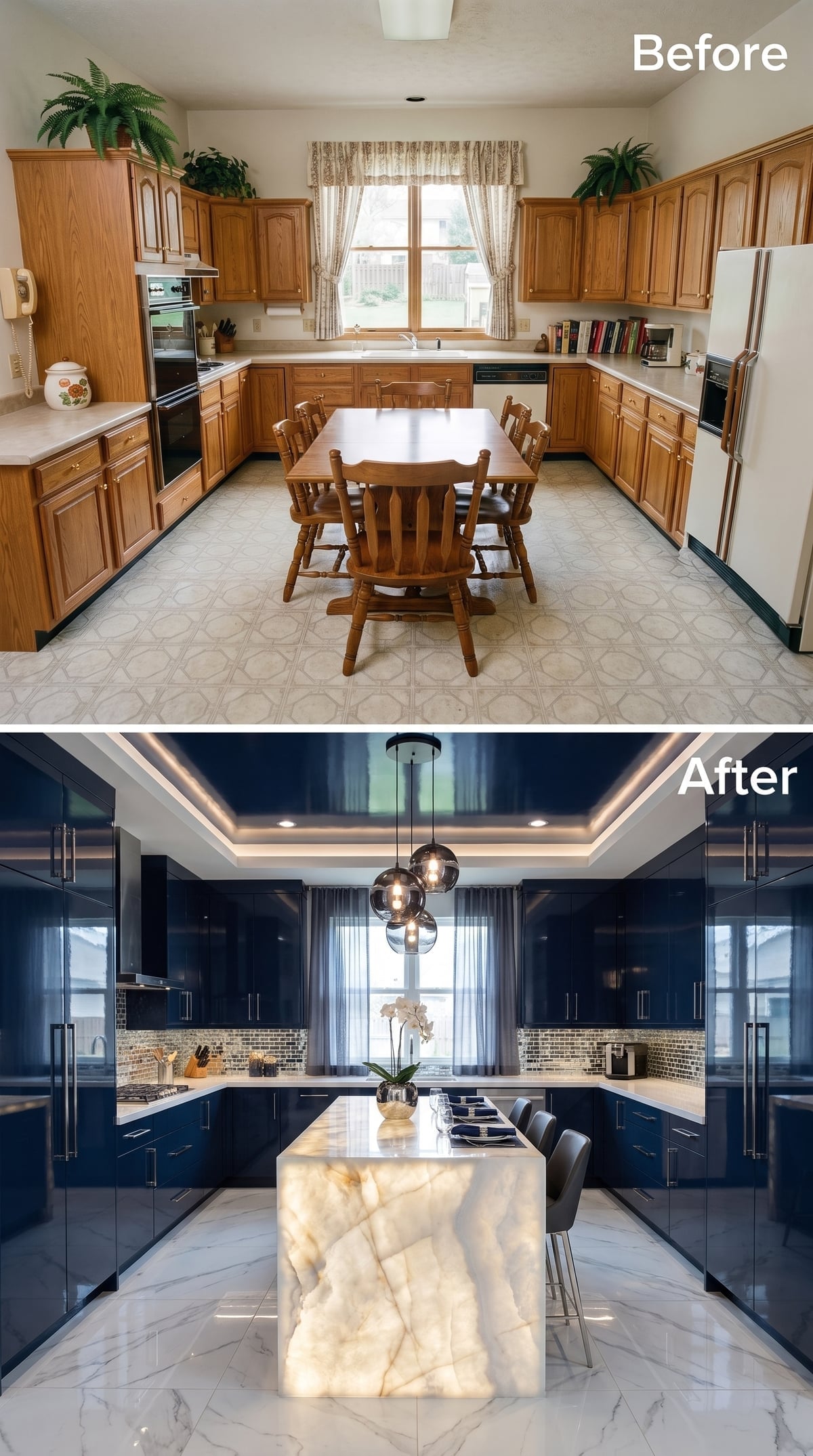Gloss Navy Cabinets, Backlit Onyx, and a Tray Ceiling That Commits Fully