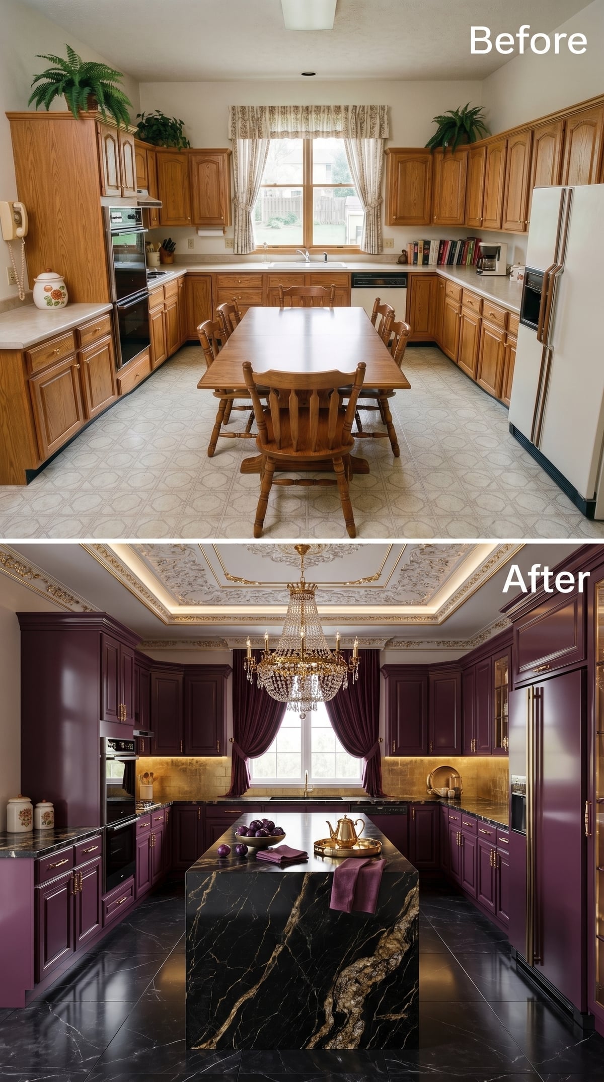 Plum Lacquer Cabinets, Black Marble Island, and a Crystal Chandelier Worth the Drama