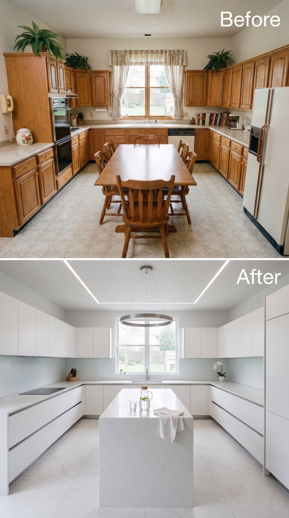 Pure White Handleless Cabinets, Linear Ceiling Lights, and an Island That Anchors Everything