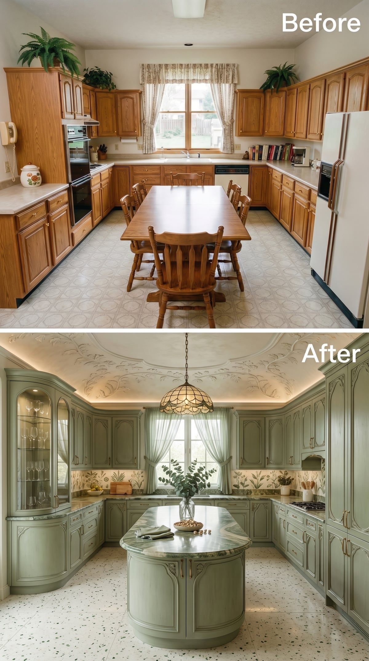 Sage Green Cabinetry, a Terrazzo Floor, and an Art Nouveau Island Nobody Saw Coming