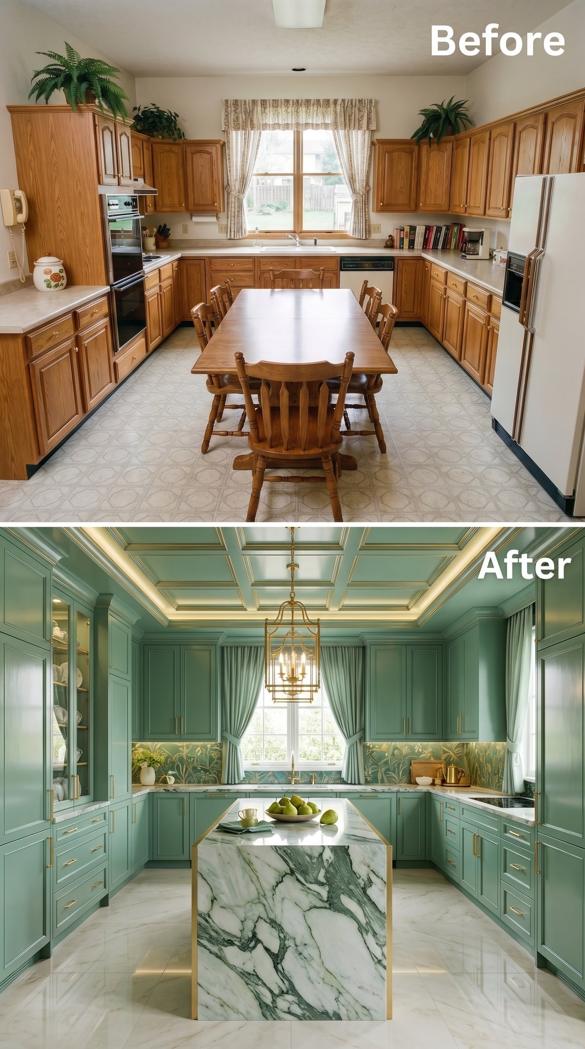 Sage Green Lacquer, Marble Island, and a Coffered Ceiling Lined in Gold