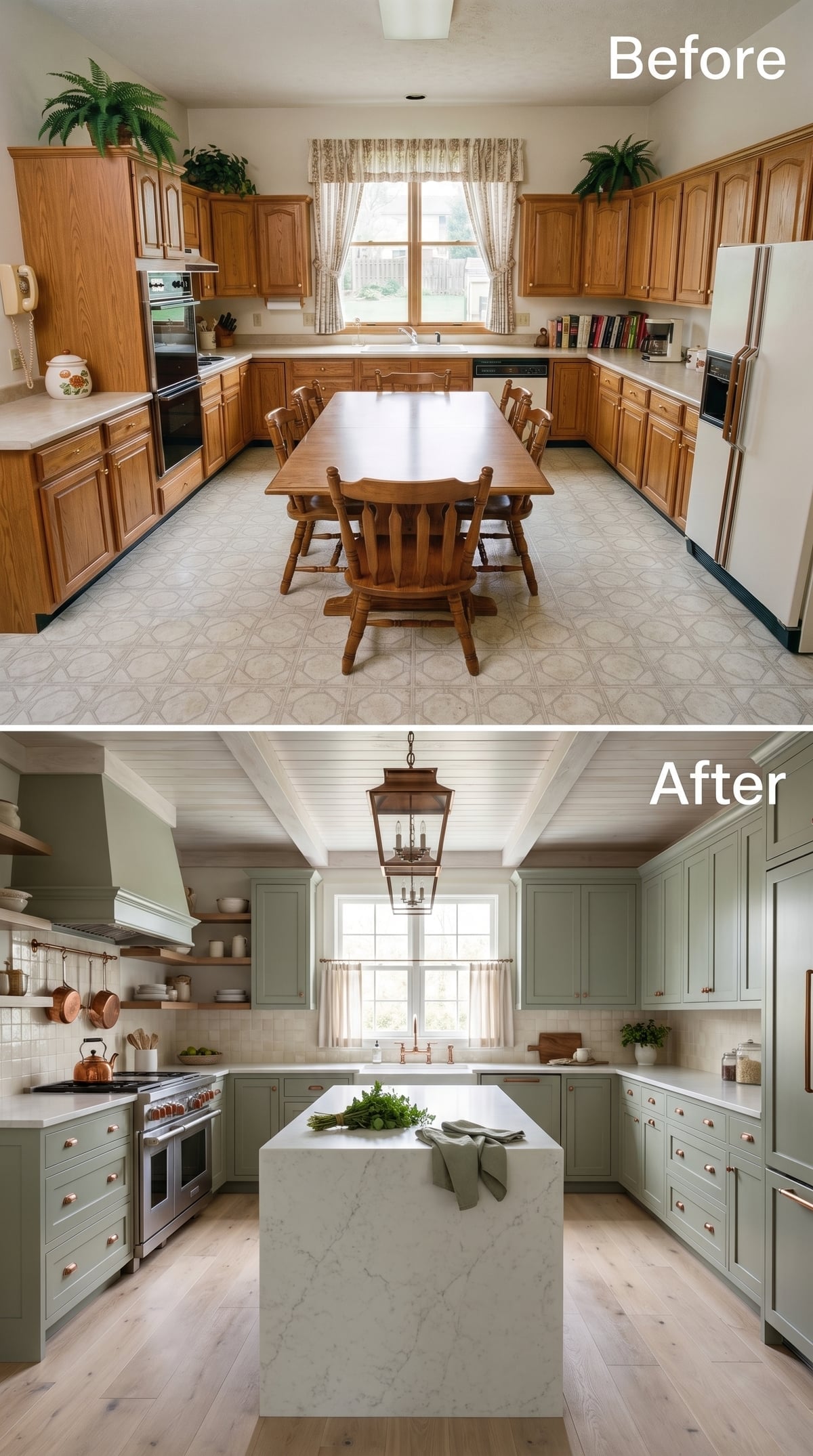 Sage Green Shaker Cabinets, Marble Island, and Copper Hardware That Earns Every Penny