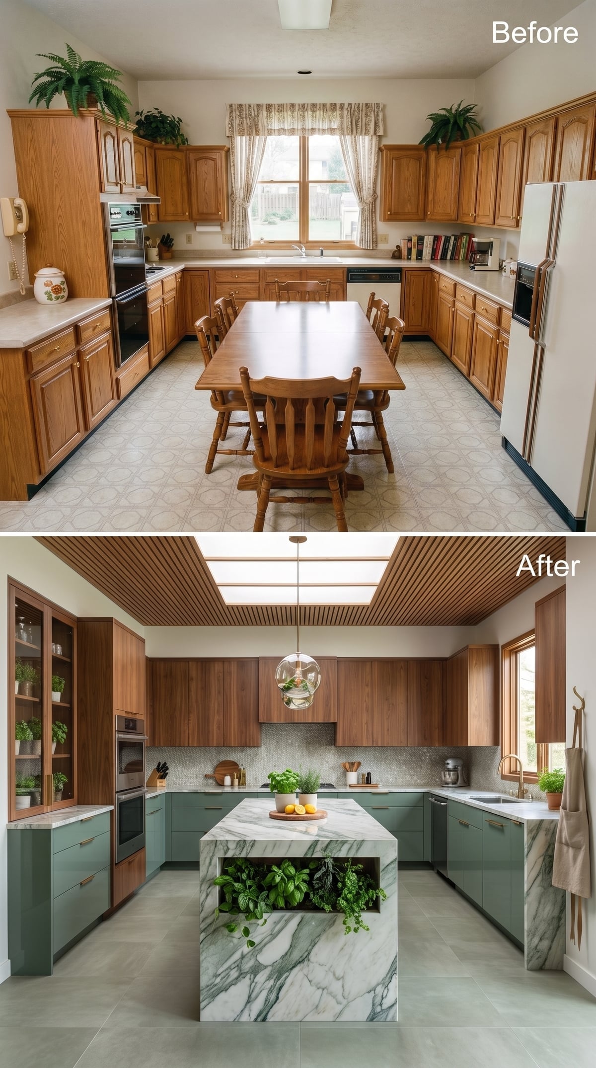 Sage Lower Cabinets, Walnut Uppers, and a Marble Island With an Herb Garden Built Right In