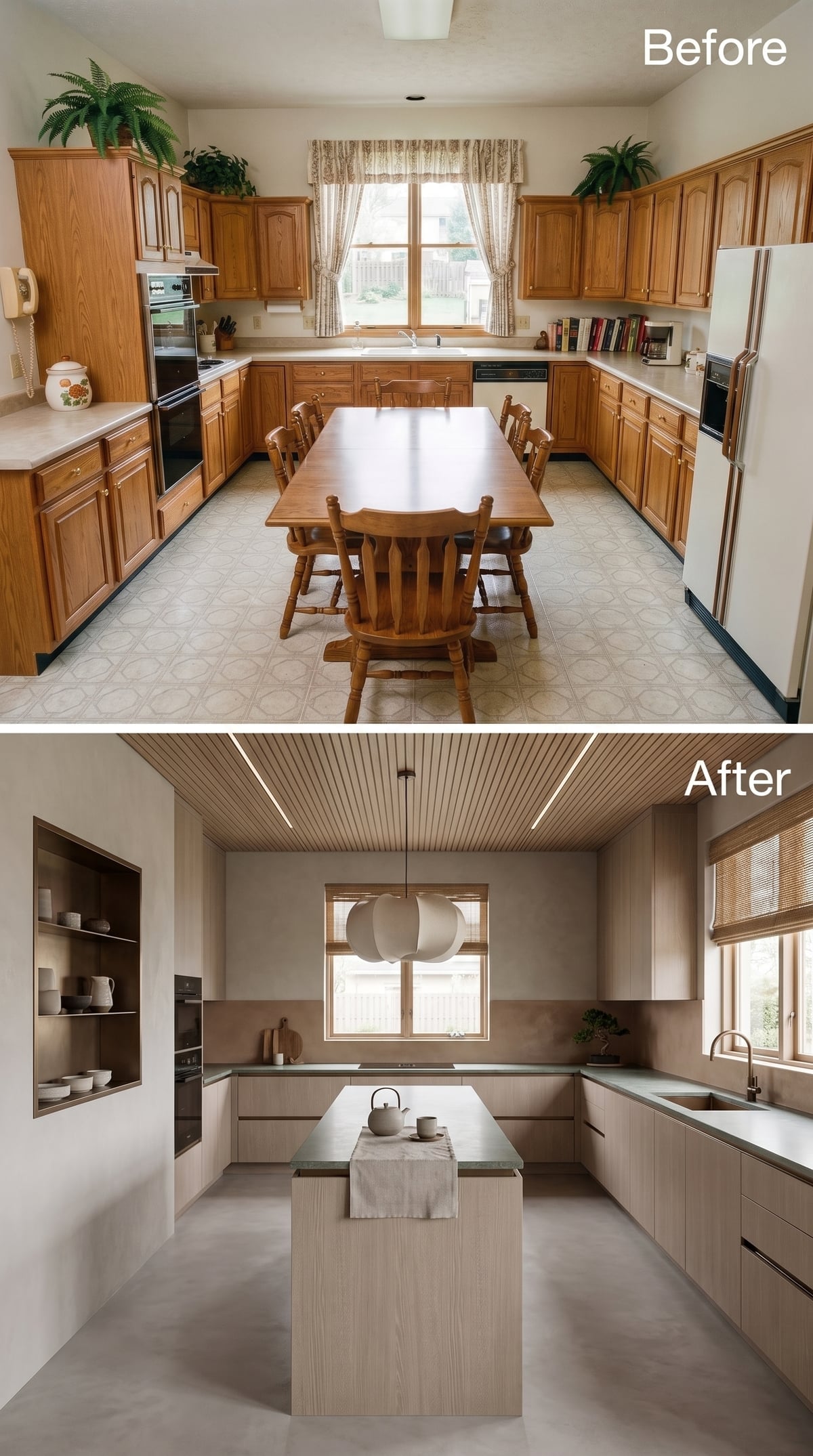 Slat Ceiling, Concrete-Toned Cabinetry, and a Kitchen Island That Finally Has Room to Breathe