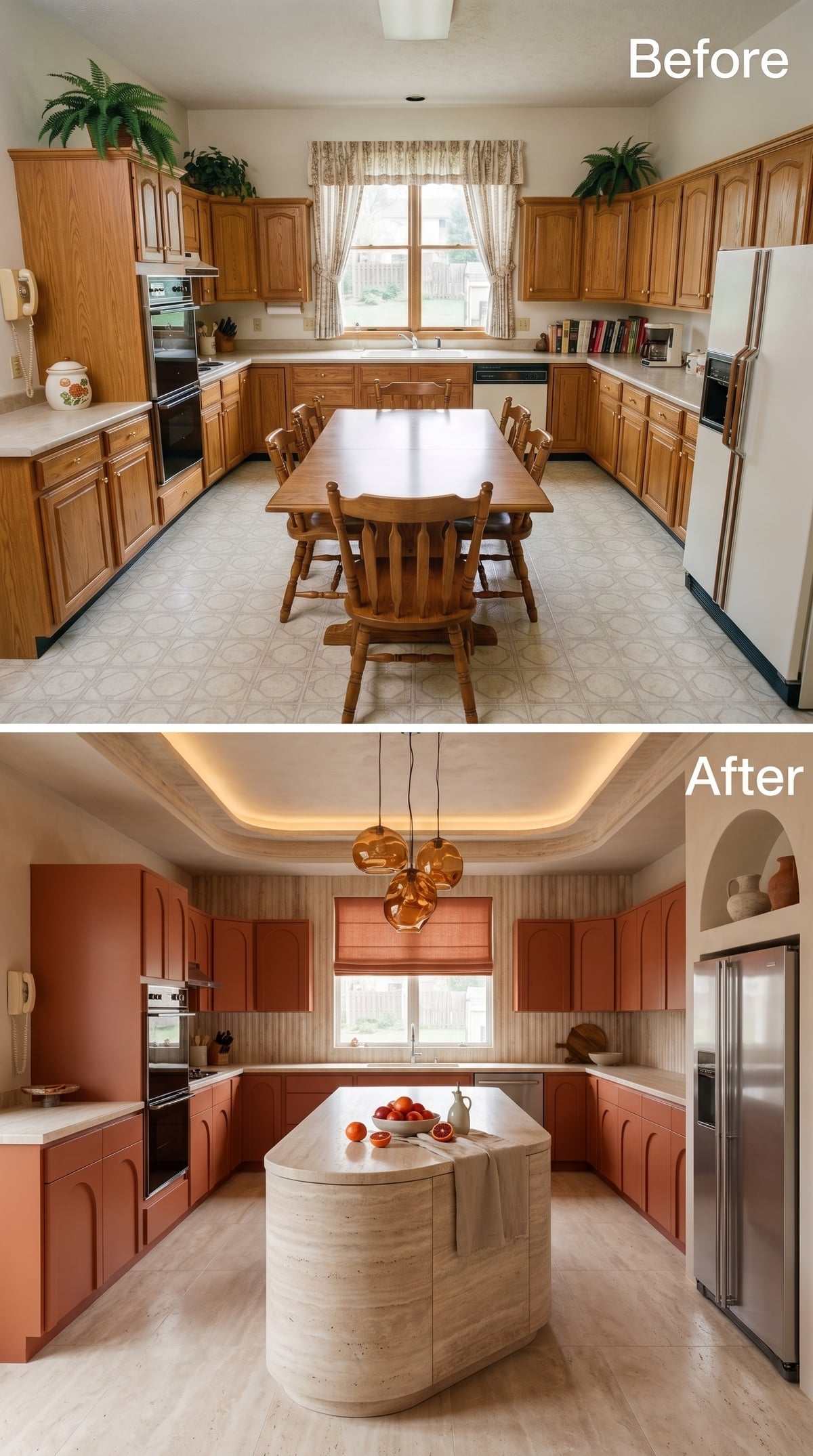 Terracotta Cabinets, Travertine Island, and Pendant Lights That Glow Like Amber
